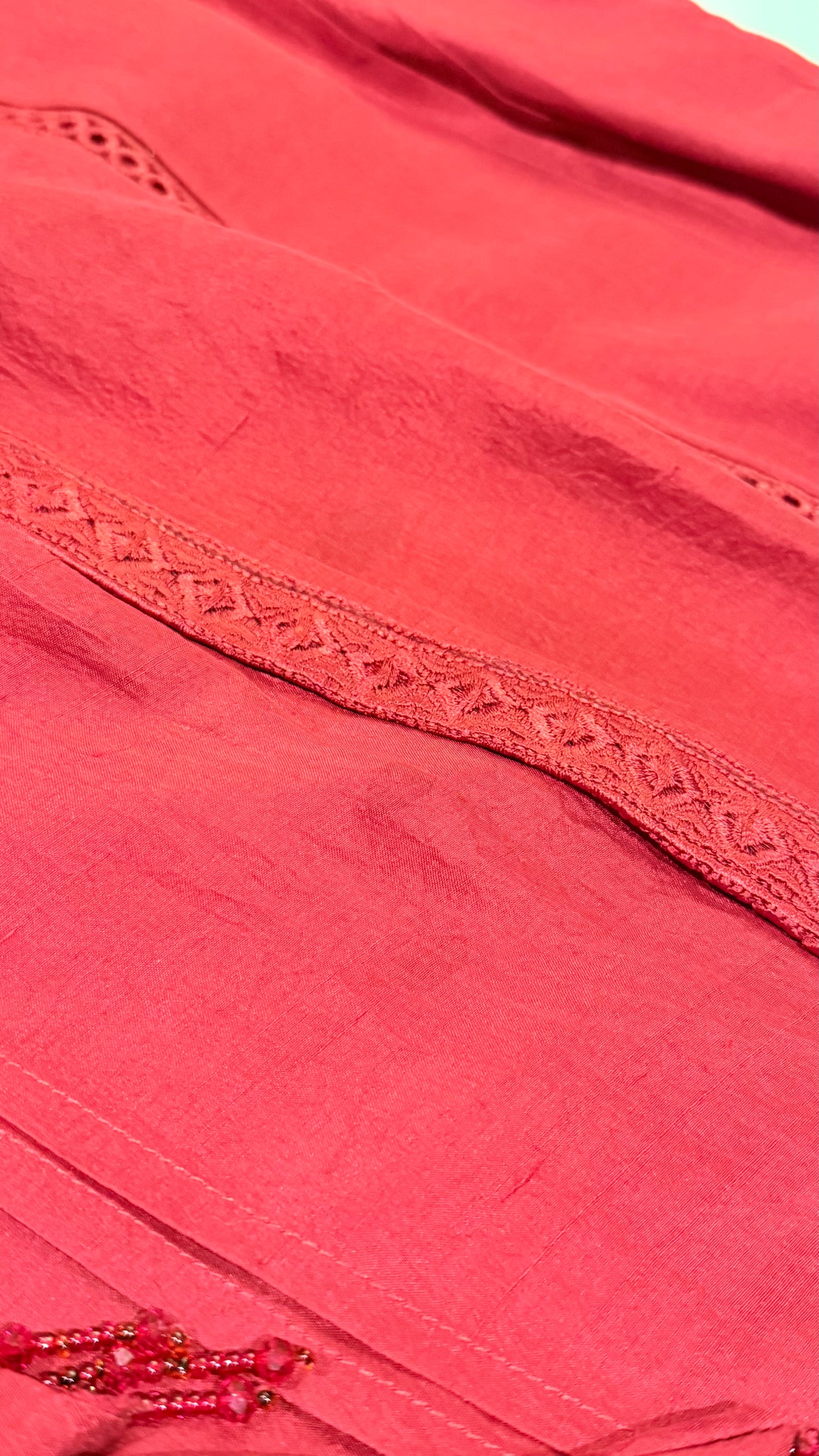 Sumaira Aurangzeb Red Pure Silk Angrakha Cut shirt with straight pants and beautifully embroidered dupatta