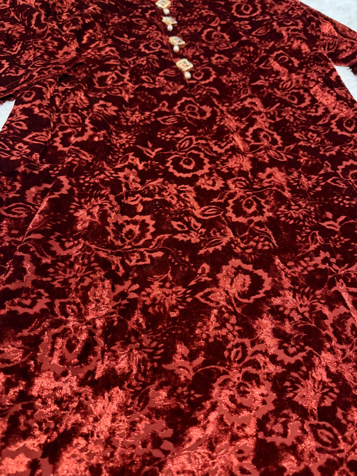 Rust/Orange Self Printed Velvet shirt with ornate buttons on neckline