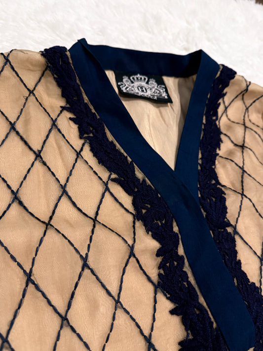 HSY Net Shirt in Skin color with Navy Blue Embroidery and Sequins