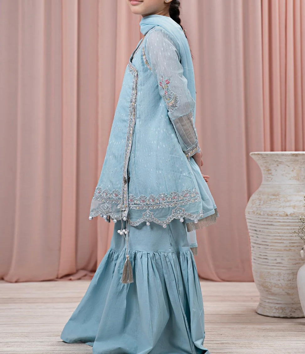 Maria B 3 Piece Embroidered Cotton Jacquard Zari Gharara Suit Blue (Girls), New with Tags