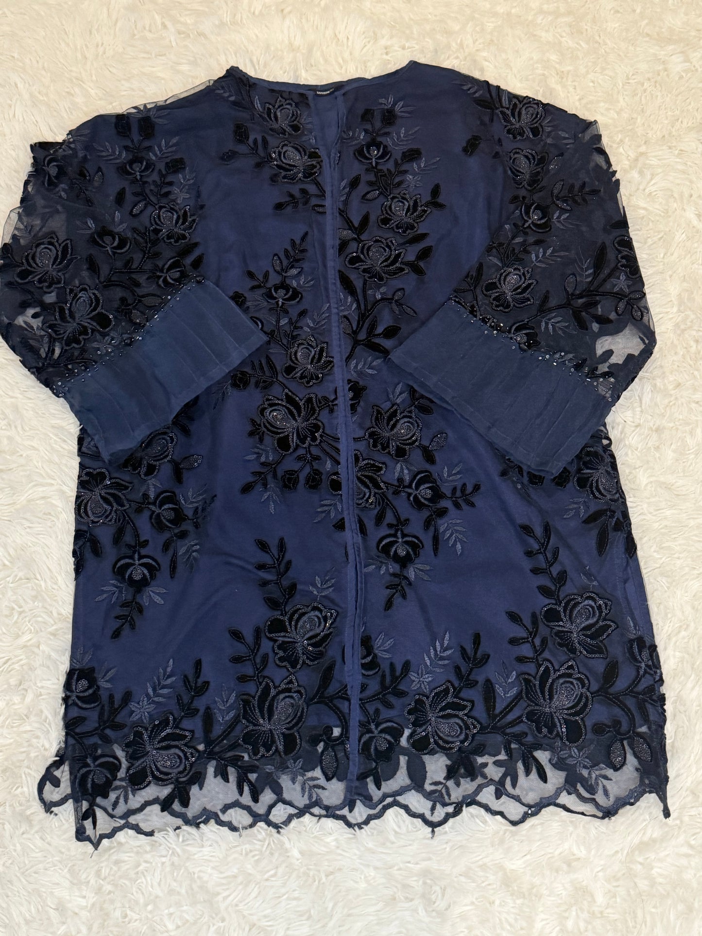Sapphire Navy Blue Net Shirt with Black and Grey Floral Patterning with Metallic Threads and Sequins