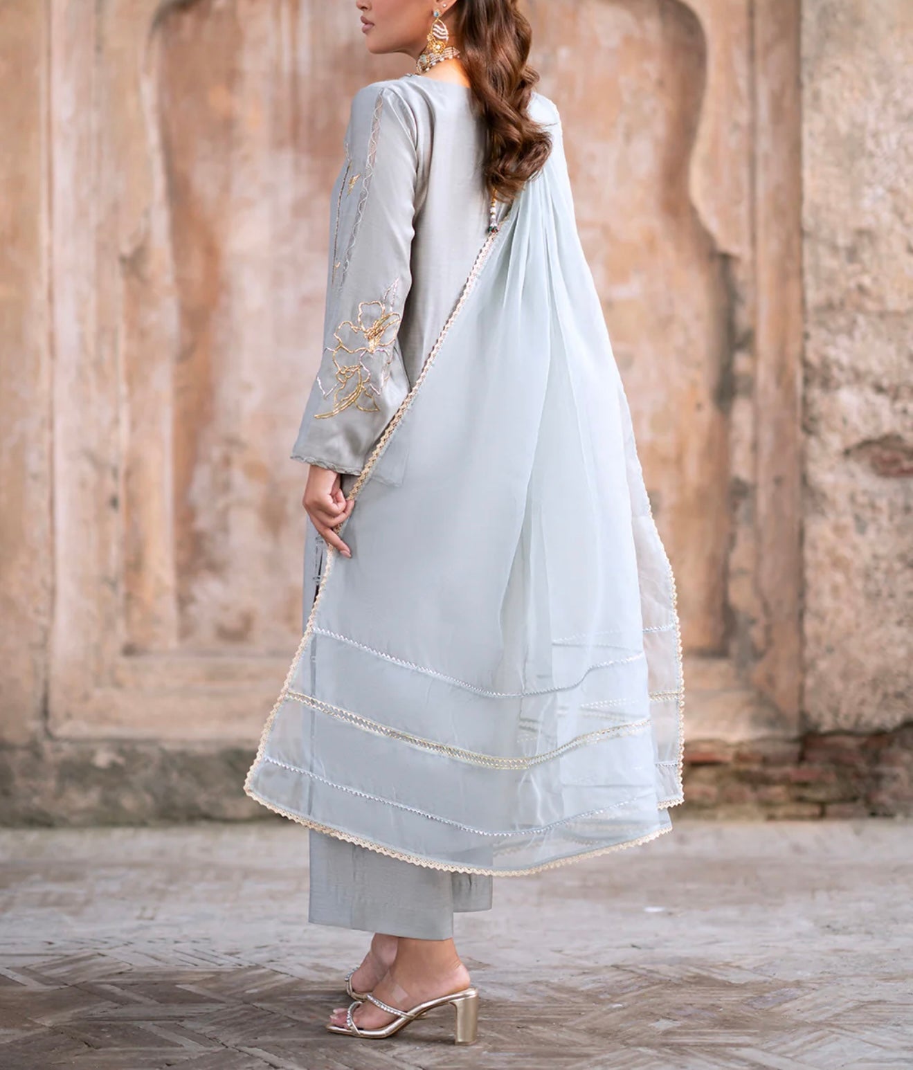 Vanya Ice Blue Gray Slate Embellished Shirt with Pants and Dupatta