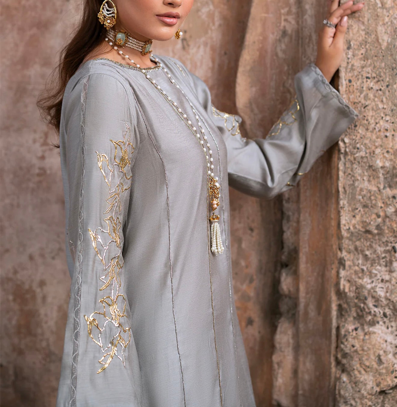 Vanya Ice Blue Gray Slate Embellished Shirt with Pants and Dupatta