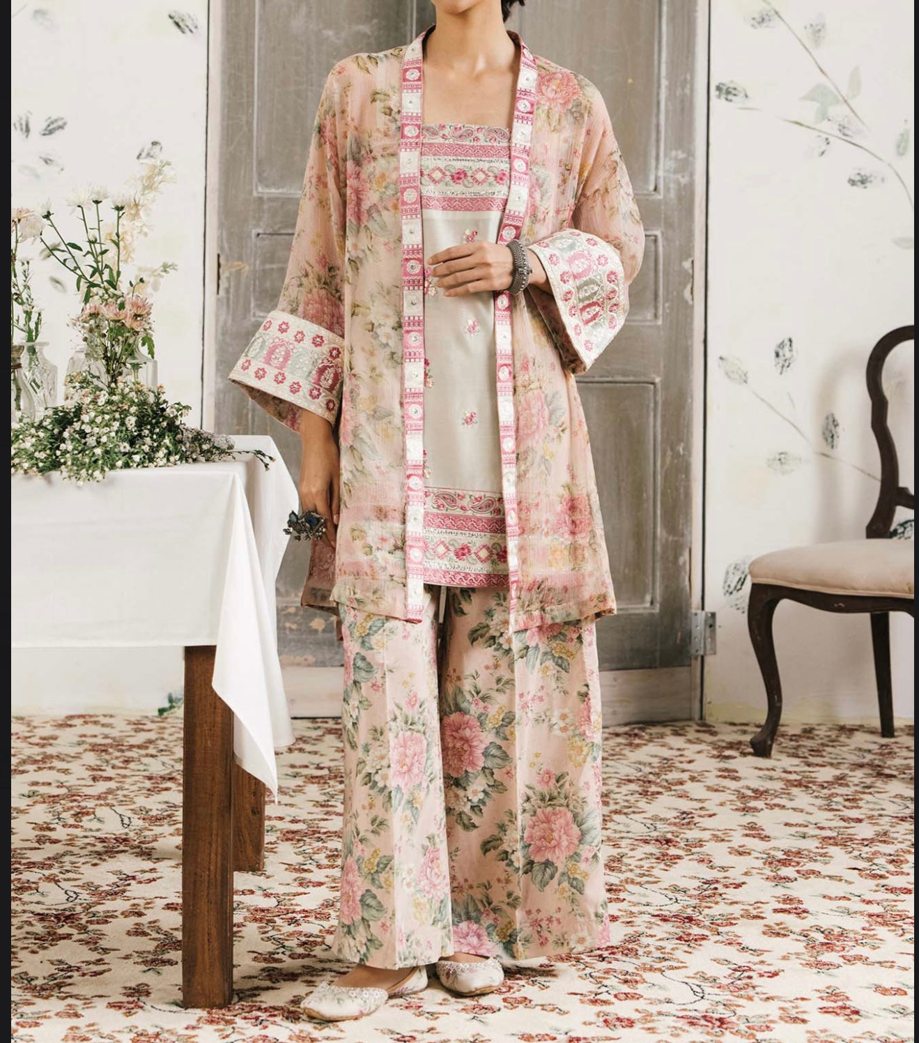 ETHNC Coral/Light Pink Floral Suit with Printed Slip and Trouser, New with Tags