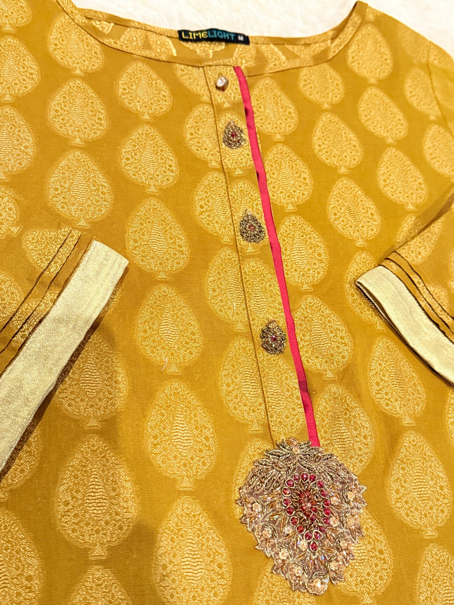 Limelight Mustard Yellow Box cut shirt with Metallic threading and embellishments around neckline
