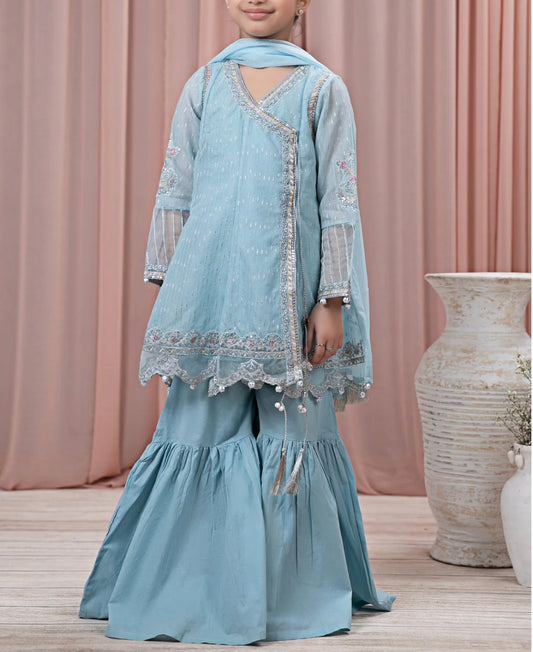 Maria B 3 Piece Embroidered Cotton Jacquard Zari Gharara Suit Blue (Girls), New with Tags