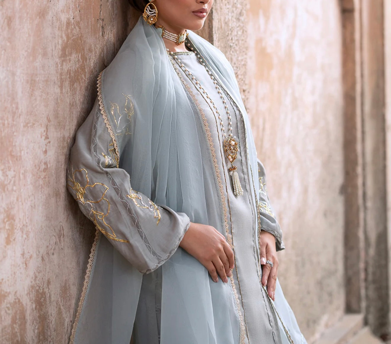 Vanya Ice Blue Gray Slate Embellished Shirt with Pants and Dupatta