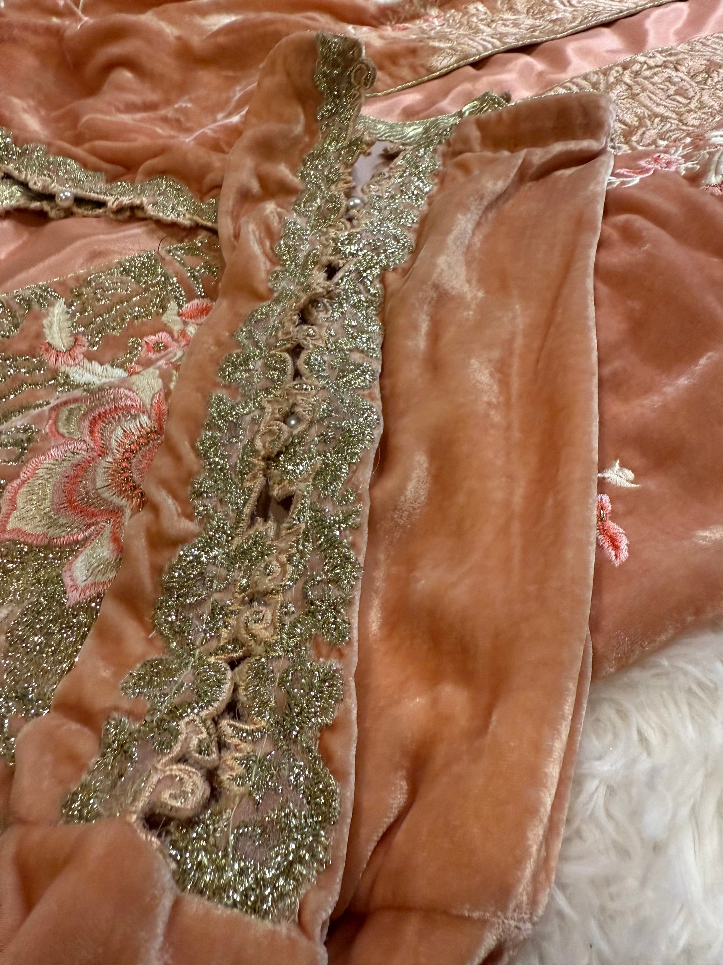 Sana Safinaz Peach Velvet Jacket with Silver, Pink, and White Floral Embroidery