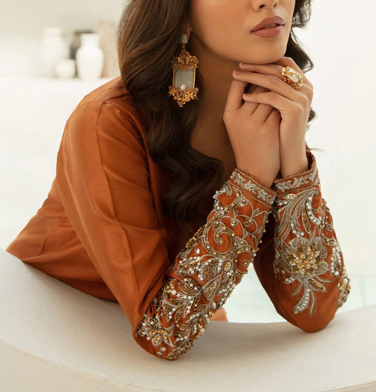 Vanya Rust Orange Embroidered Jacket with Pants