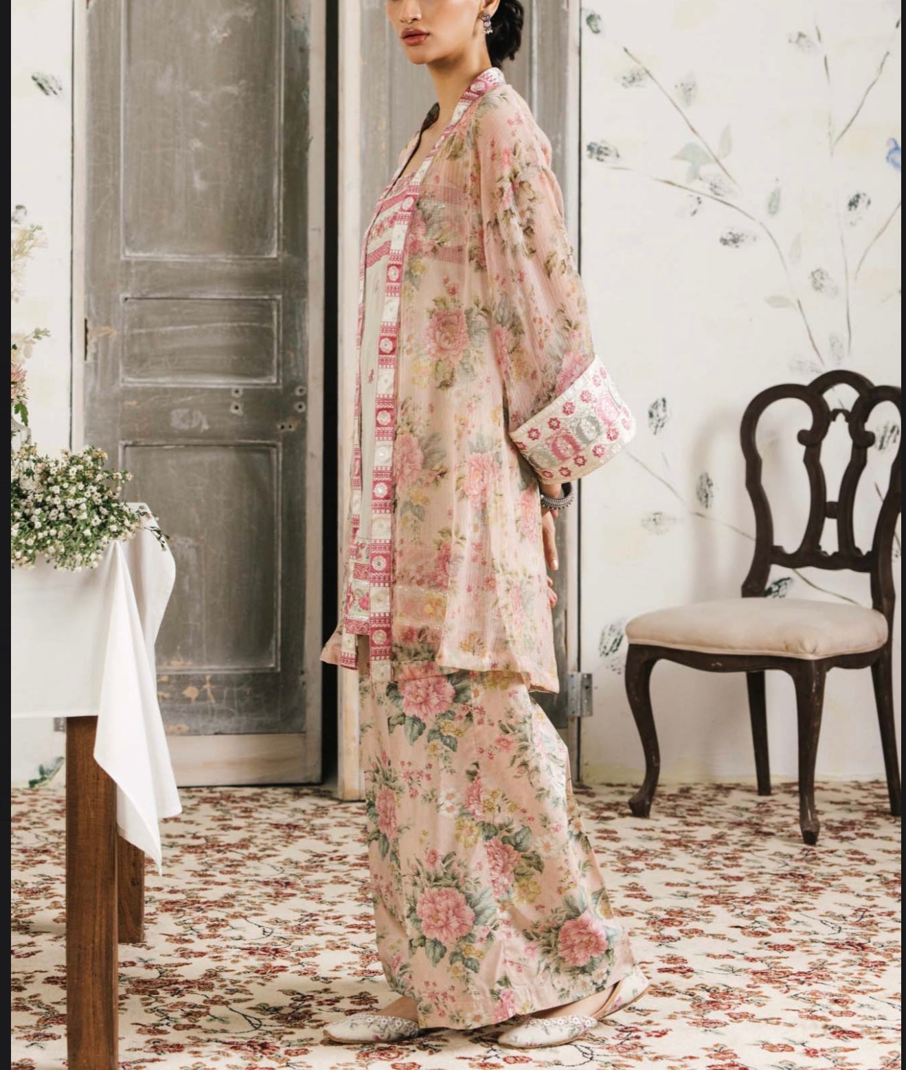 ETHNC Coral/Light Pink Floral Suit with Printed Slip and Trouser, New with Tags