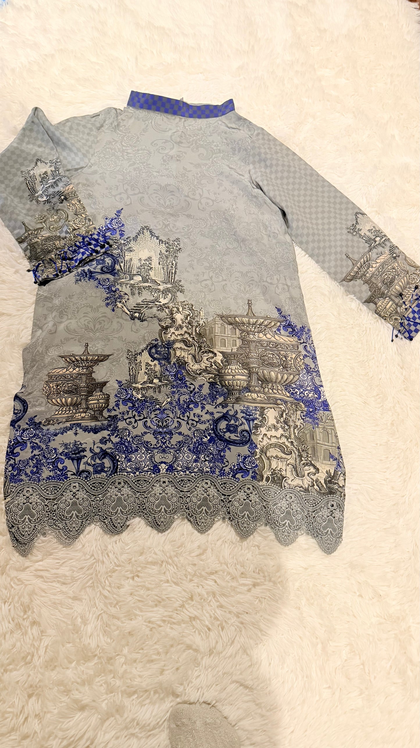 Cross Stitch Silk Shirt with Hi Neck Collar, Pearl Fringe on Sleeves and Lace trim on hem