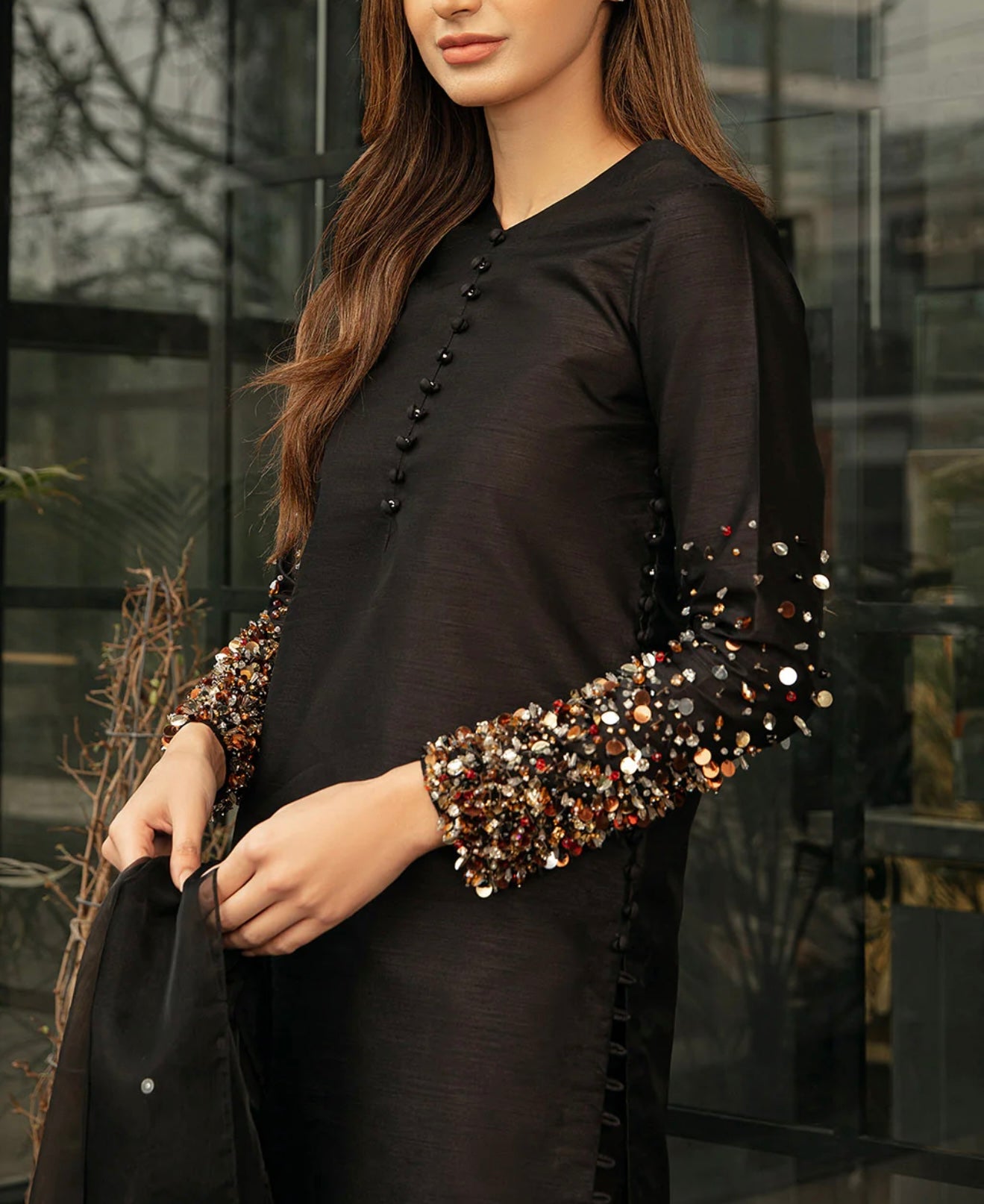 Vanya Embellished Long Black Shirt with Trouser and Dupatta