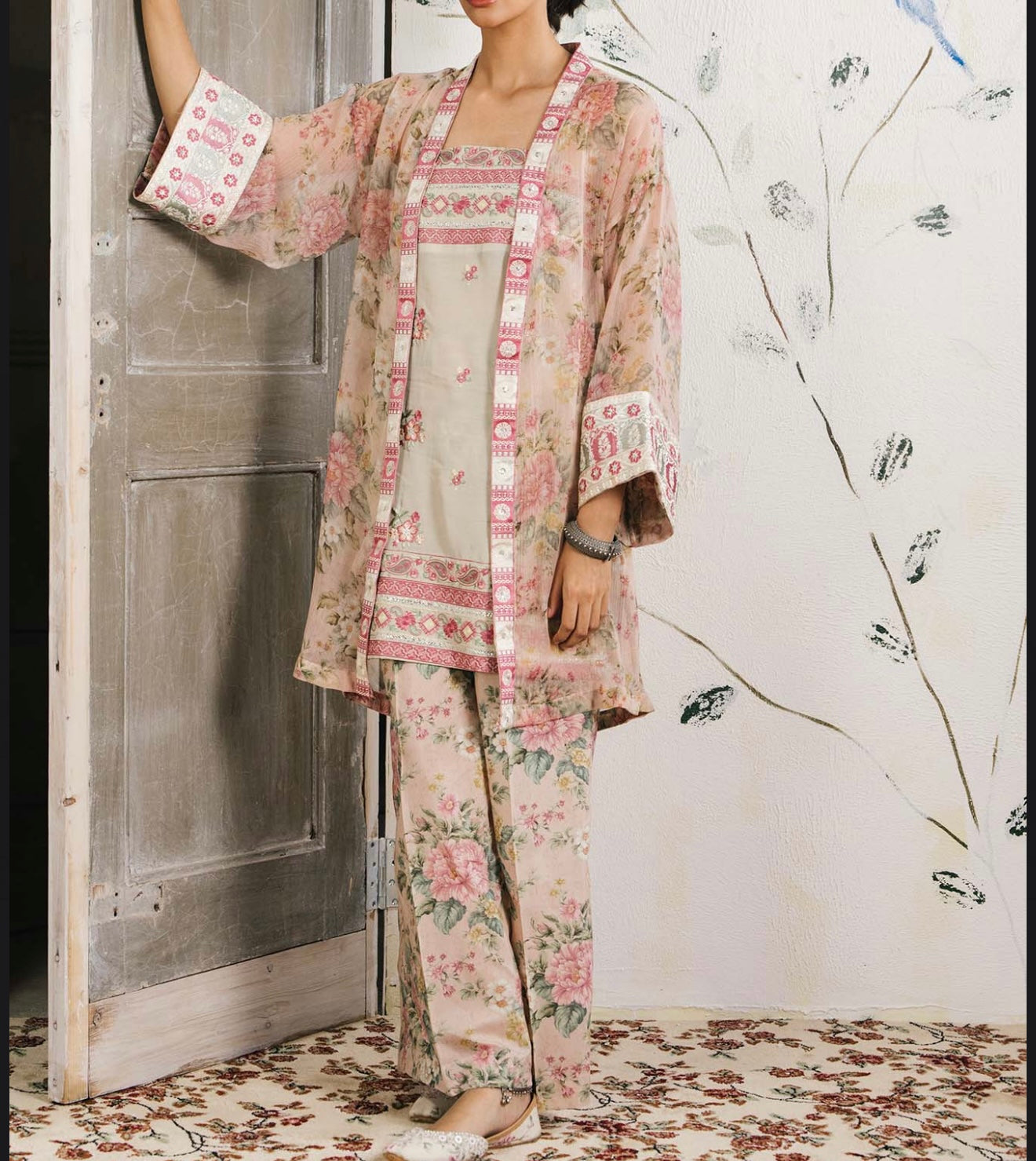 ETHNC Coral/Light Pink Floral Suit with Printed Slip and Trouser, New with Tags