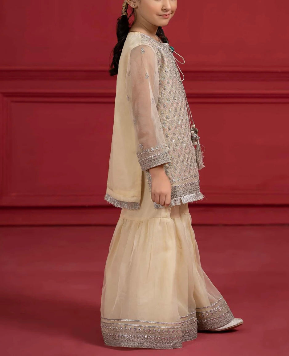 Maria B 3 Piece Organza Gharara Suit Pale Yellow Color (Girls), New with Tags