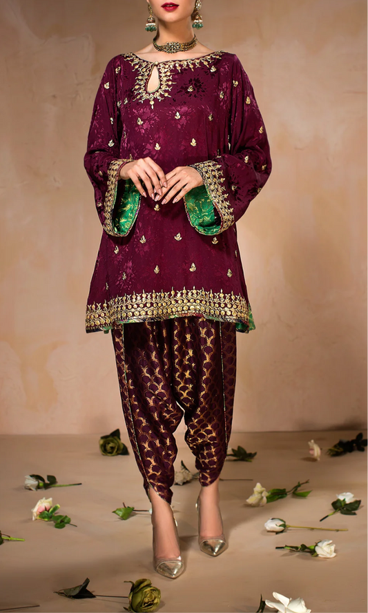 Nickie Nina Plum Formal Shirt with Tulip Shalwar