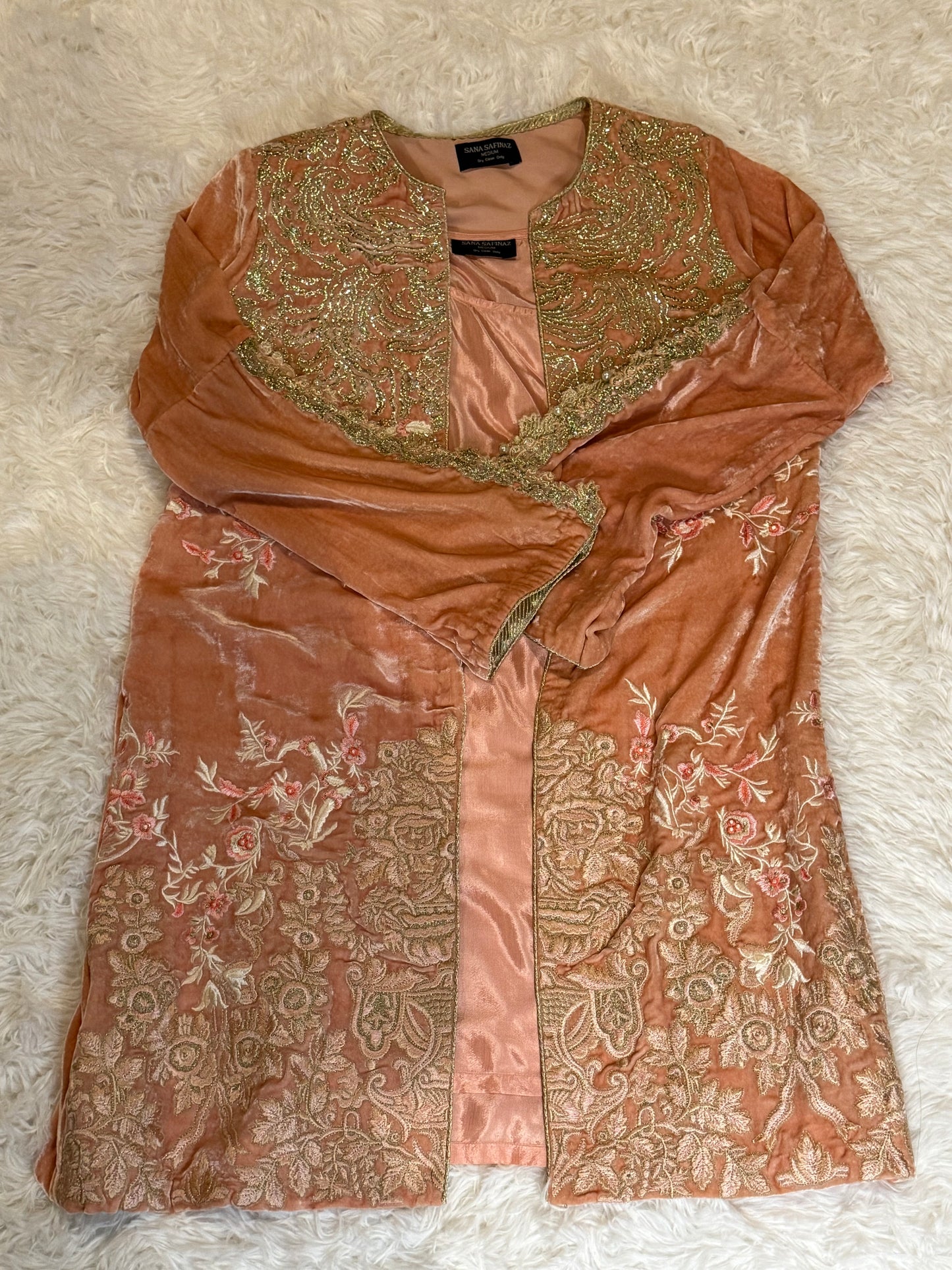 Sana Safinaz Peach Velvet Jacket with Silver, Pink, and White Floral Embroidery