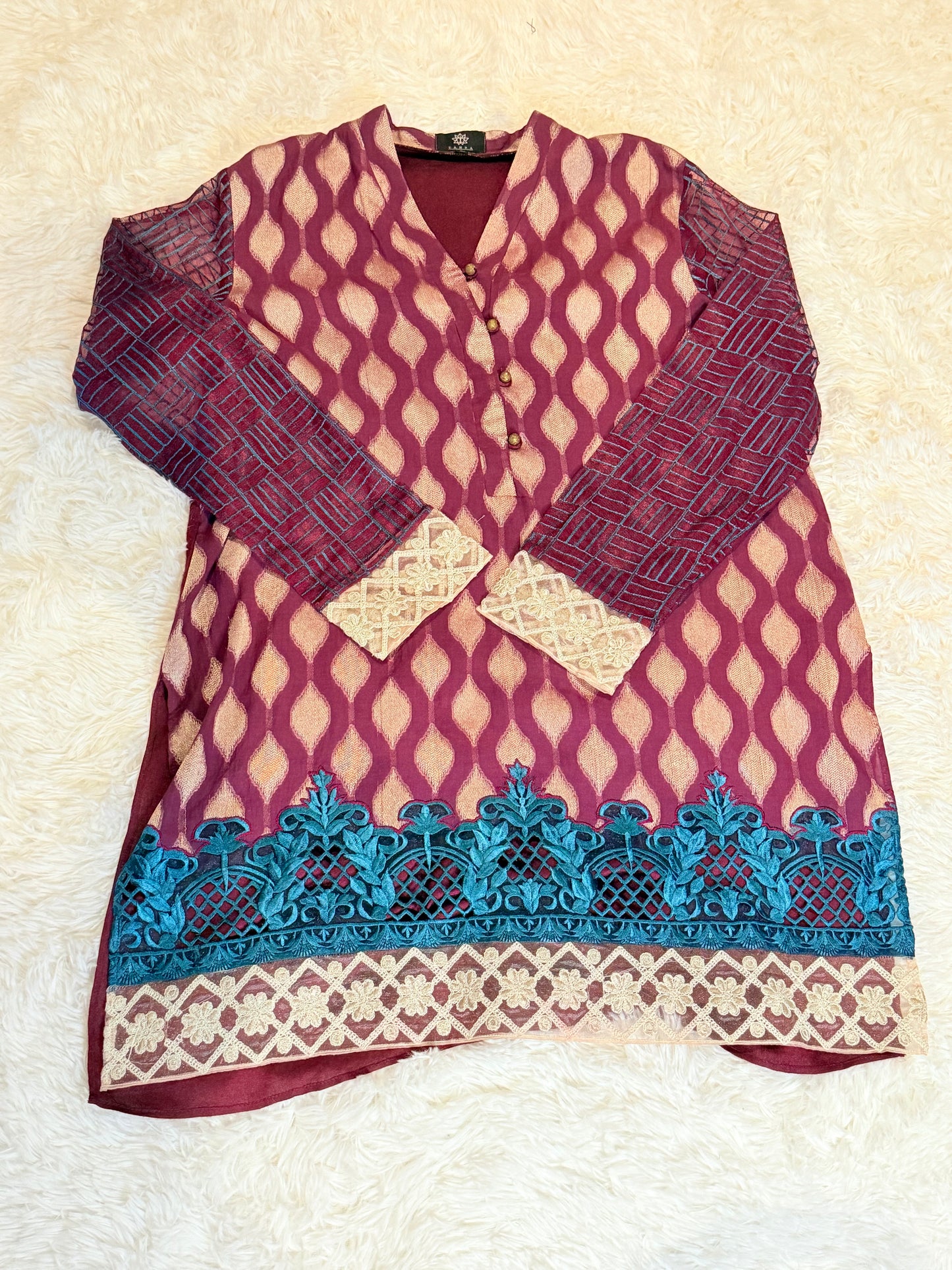 Zainab Chottani - Tahra collection Purple Shirt with Cream and Teal Embroidery