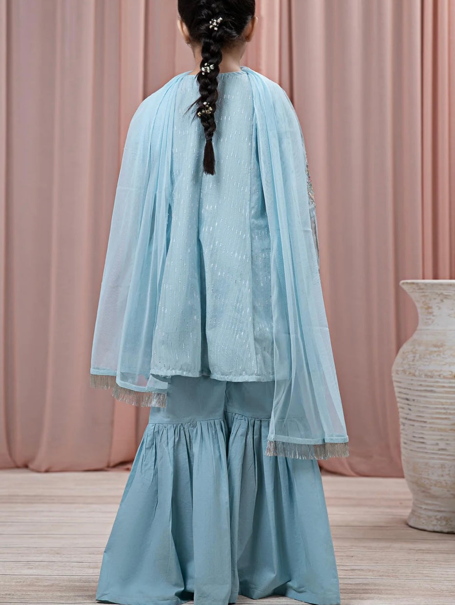 Maria B 3 Piece Embroidered Cotton Jacquard Zari Gharara Suit Blue (Girls), New with Tags
