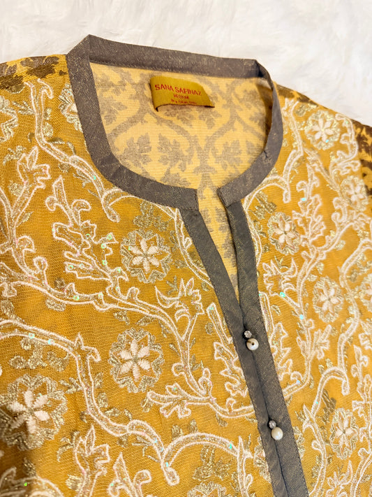 Sana Safinaz 2 Piece Mustard/Brown Cotton Silk Shirt with Metallic threads, sequins and pearls on neckline
