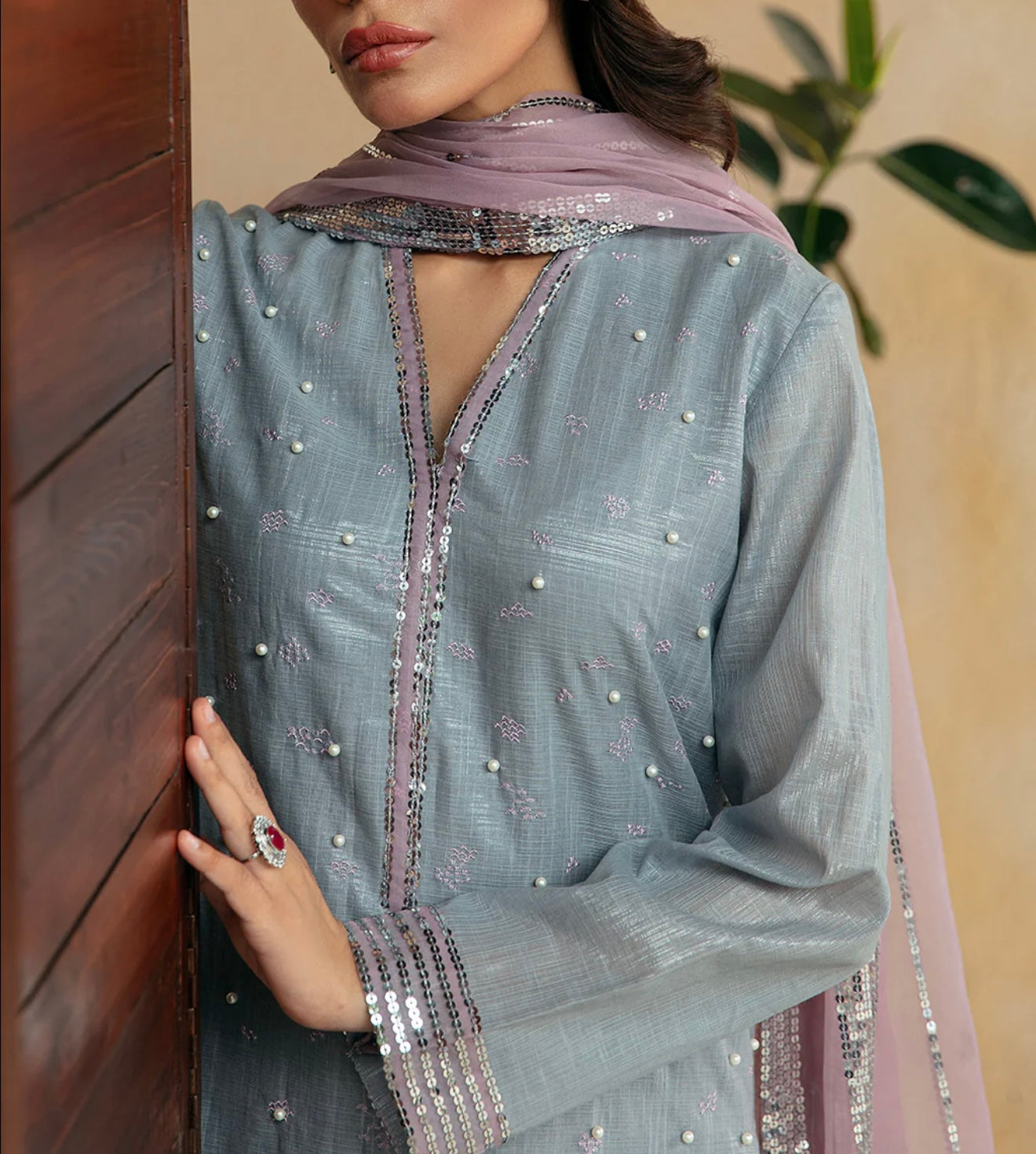 Vanya Light Purple Shirt Embellished with Lilac Embroidery with Pants and Dupatta