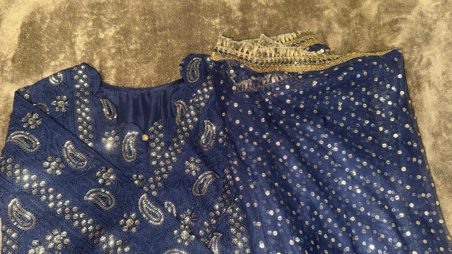 Navy and Gold Chikankari Kurta with Net Duputta