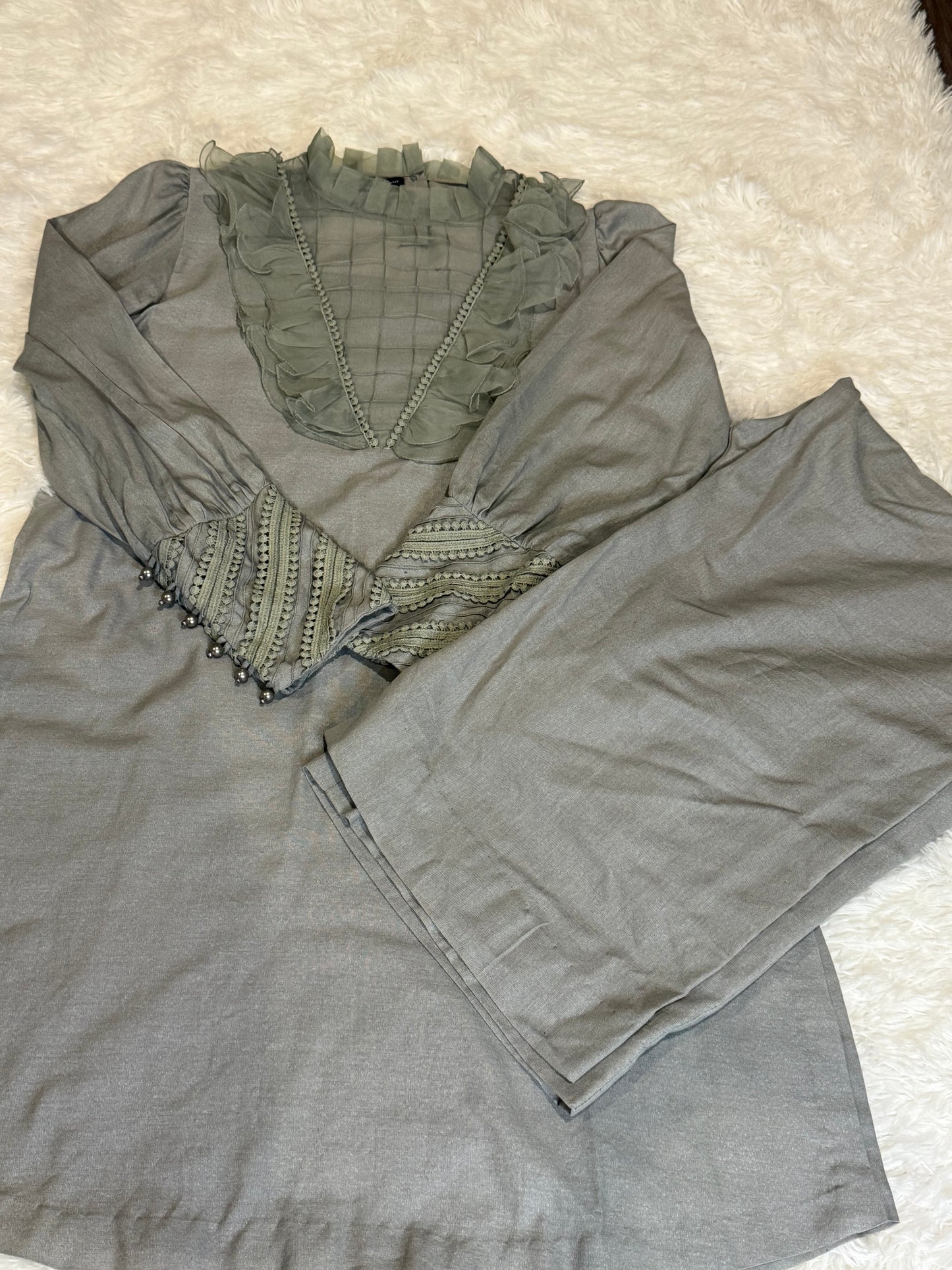 Sarah Salman Soft Winter Cotton Suit with Organza Ruffles
