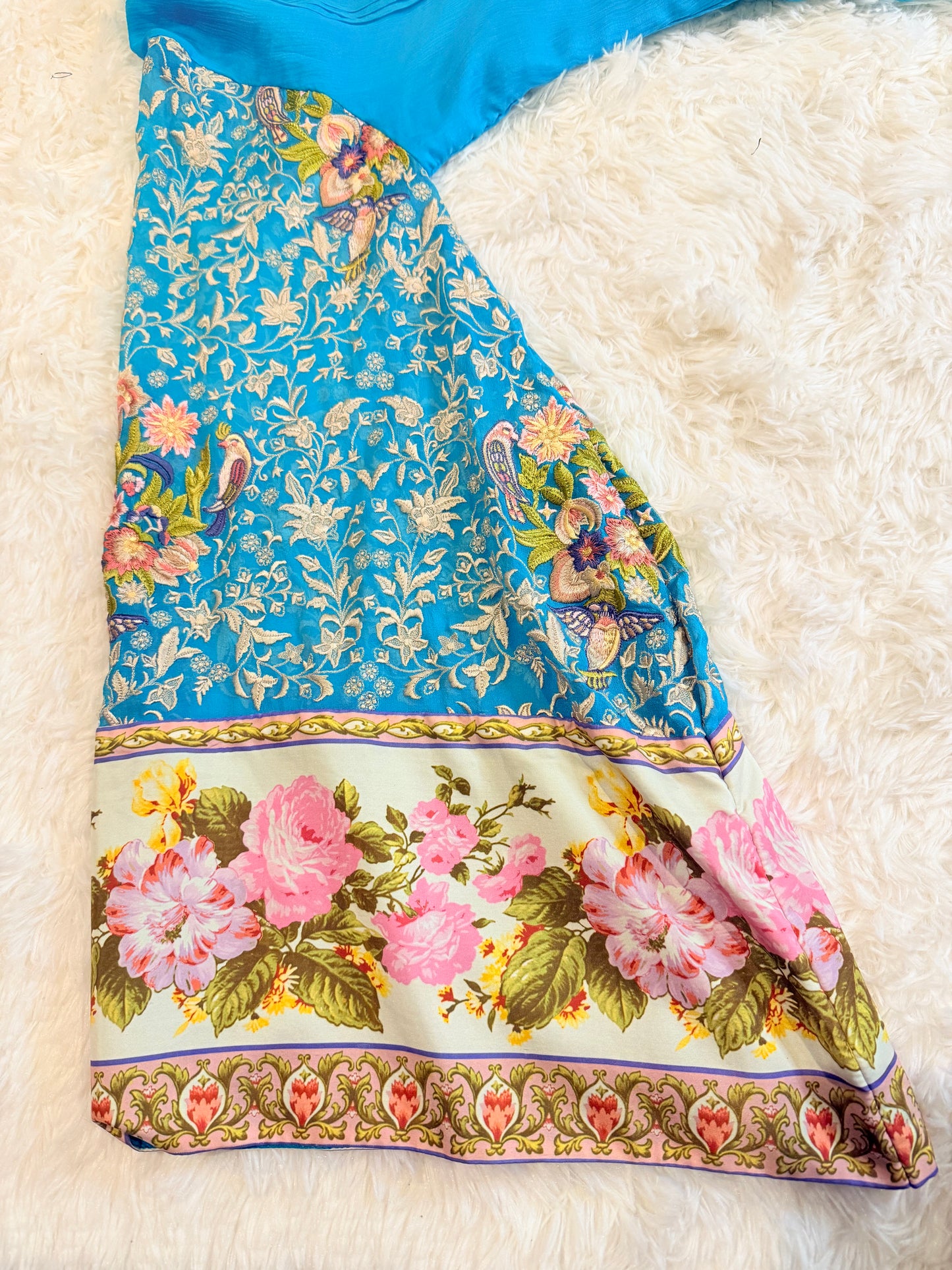 Threads & Motifs Teal Chiffon Shirt with Slip and Heavily Embroidered Bell Sleeves