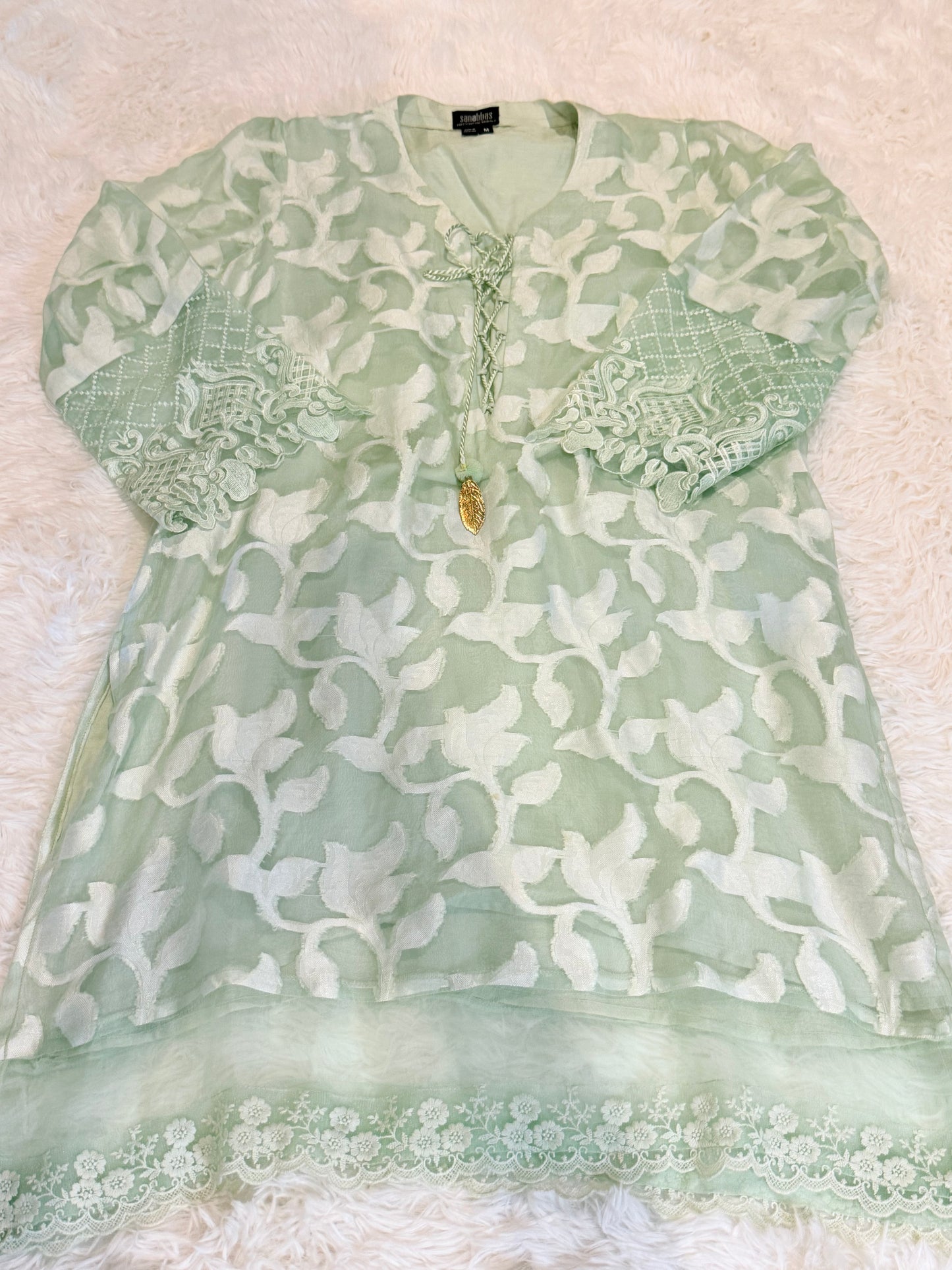 Sana Abbas Muted Seafoam Green Shirt with White Floral Pattern and Seafoam Green Embroidery