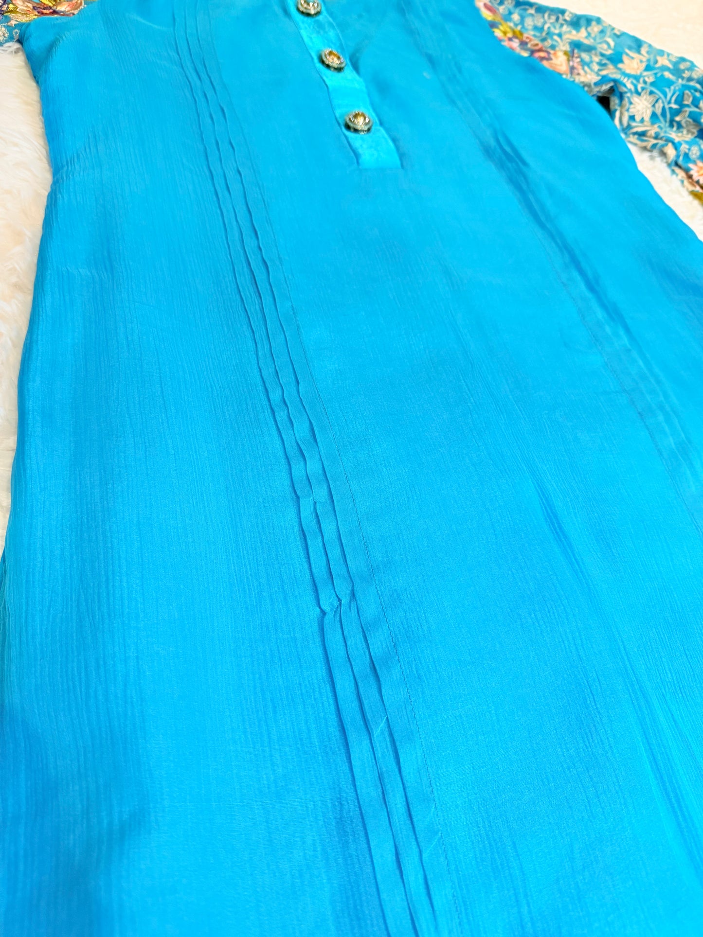 Threads & Motifs Teal Chiffon Shirt with Slip and Heavily Embroidered Bell Sleeves