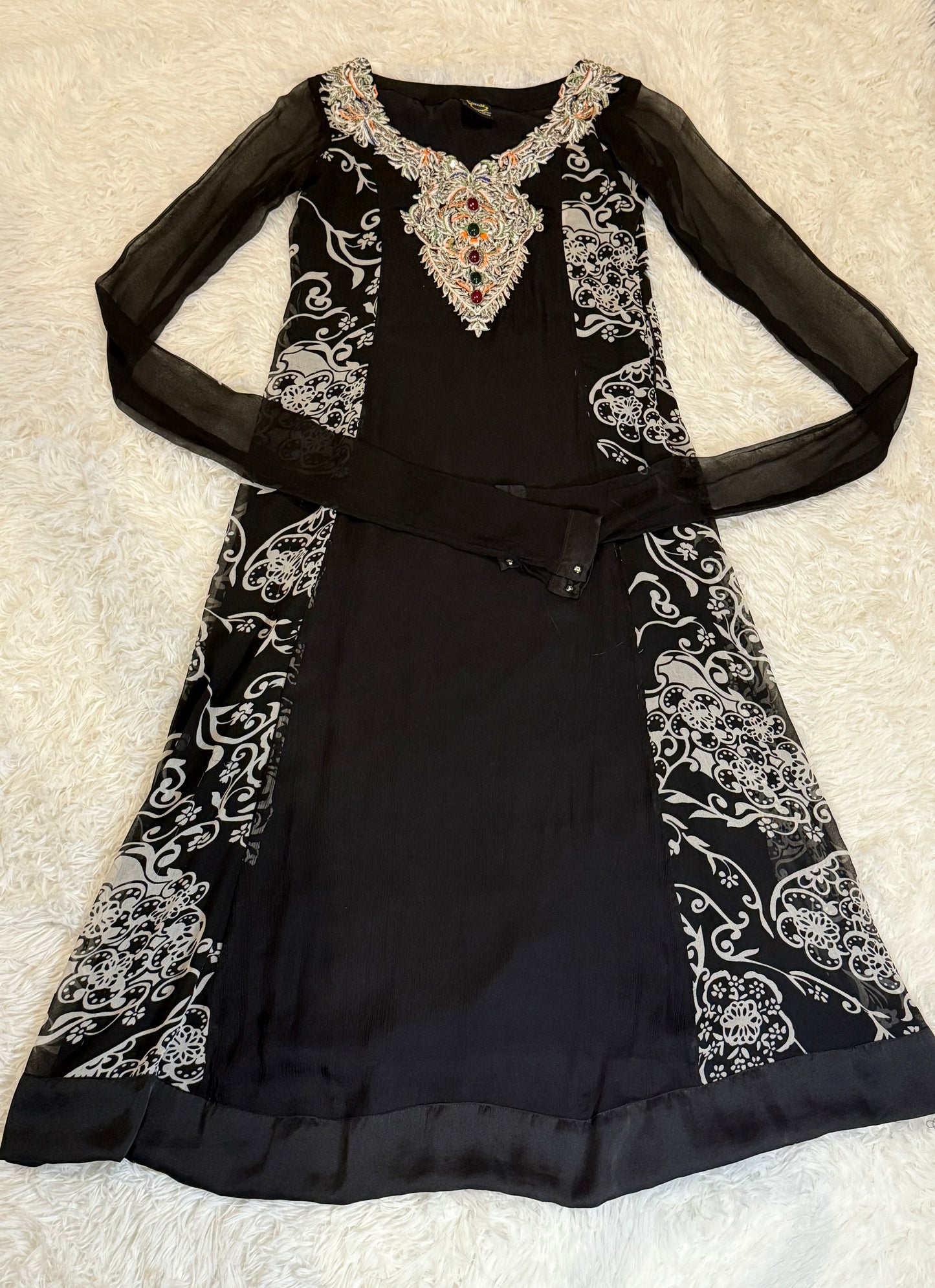Zeenat by Hina Butt Black Chiffon Anarkali Style Suit with Pajama Pants and “Chinyere” Sleeves