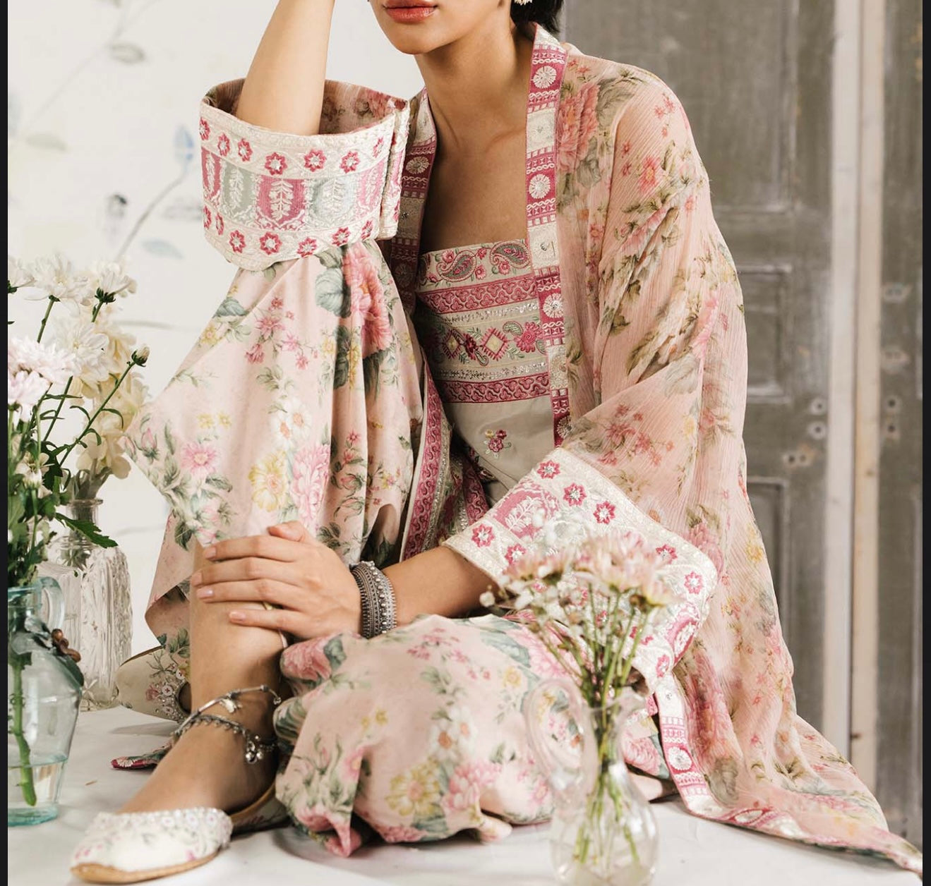 ETHNC Coral/Light Pink Floral Suit with Printed Slip and Trouser, New with Tags