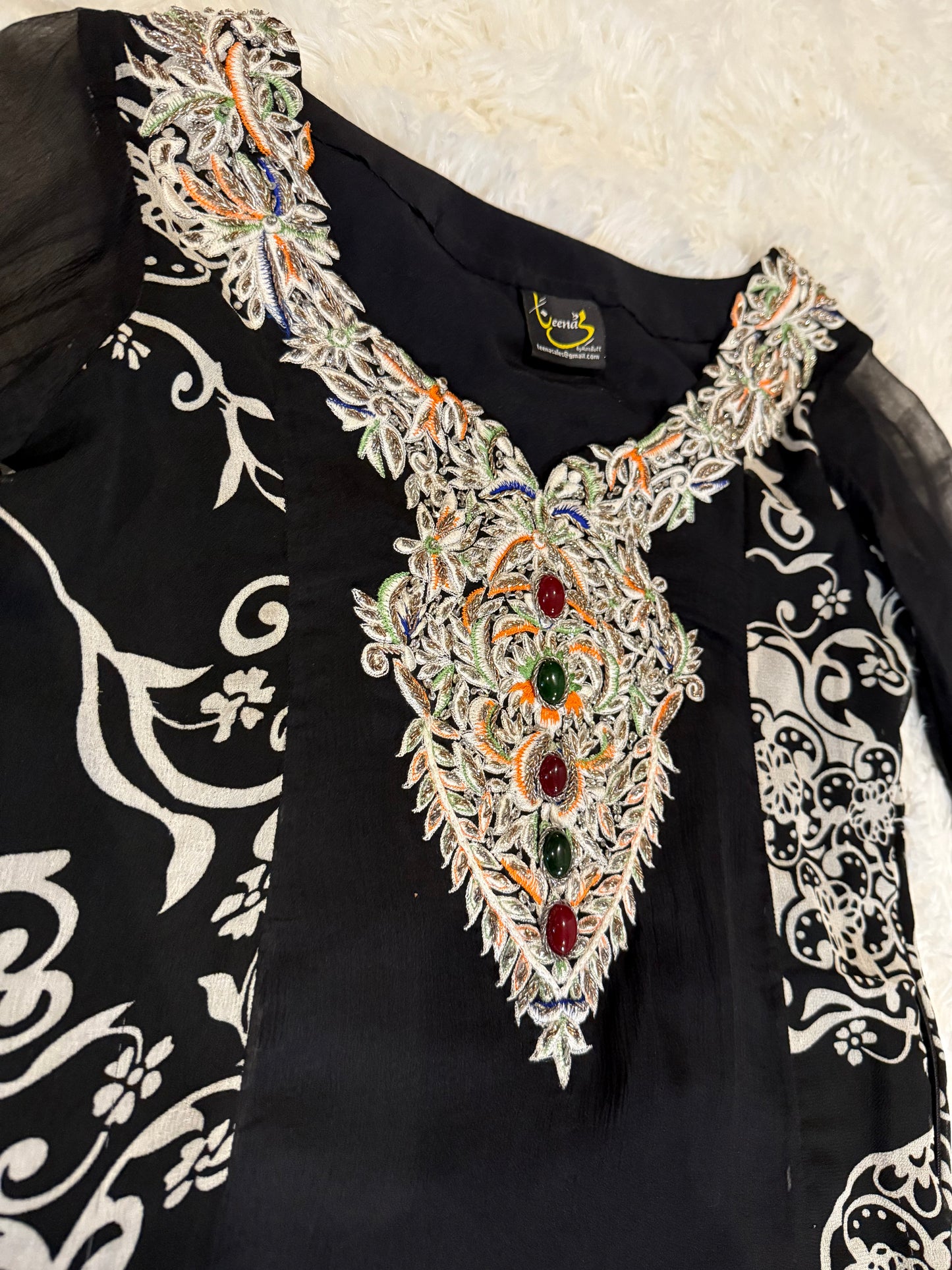 Zeenat by Hina Butt Black Chiffon Anarkali Style Suit with Pajama Pants and “Chinyere” Sleeves