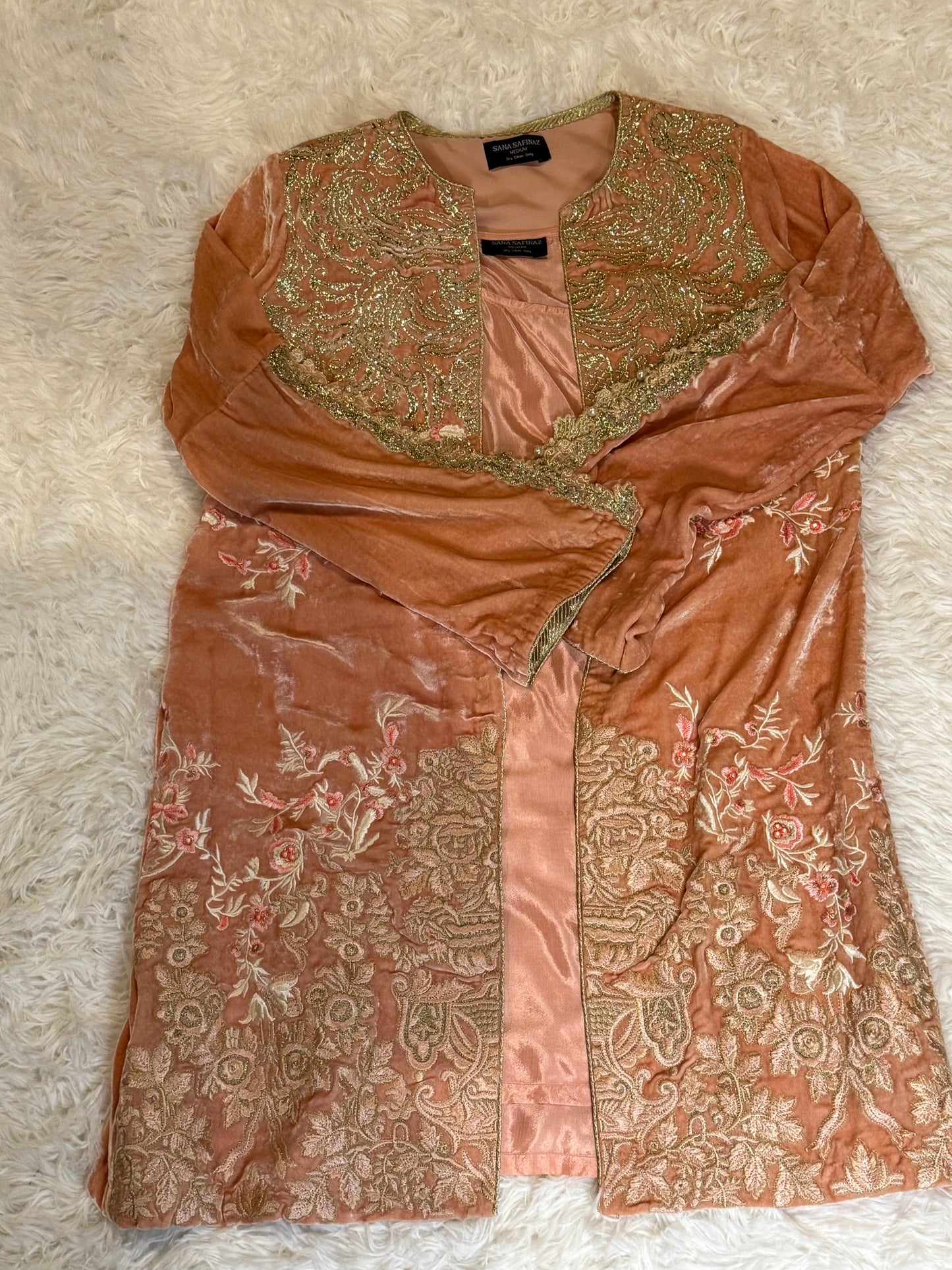 Sana Safinaz Peach Velvet Jacket with Silver, Pink, and White Floral Embroidery