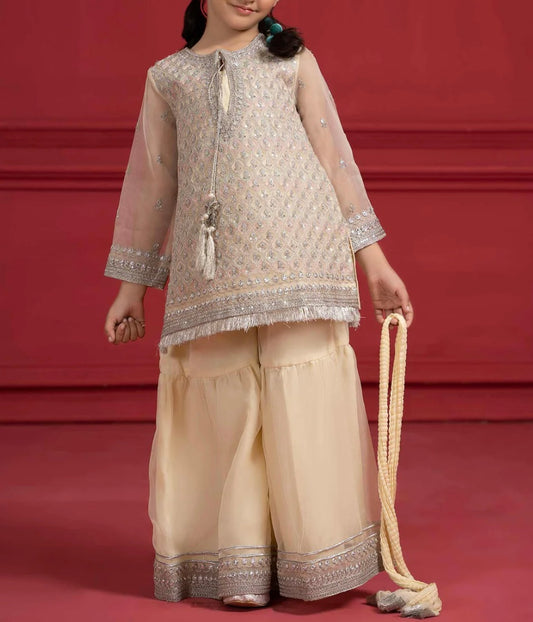Maria B 3 Piece Organza Gharara Suit Pale Yellow Color (Girls), New with Tags
