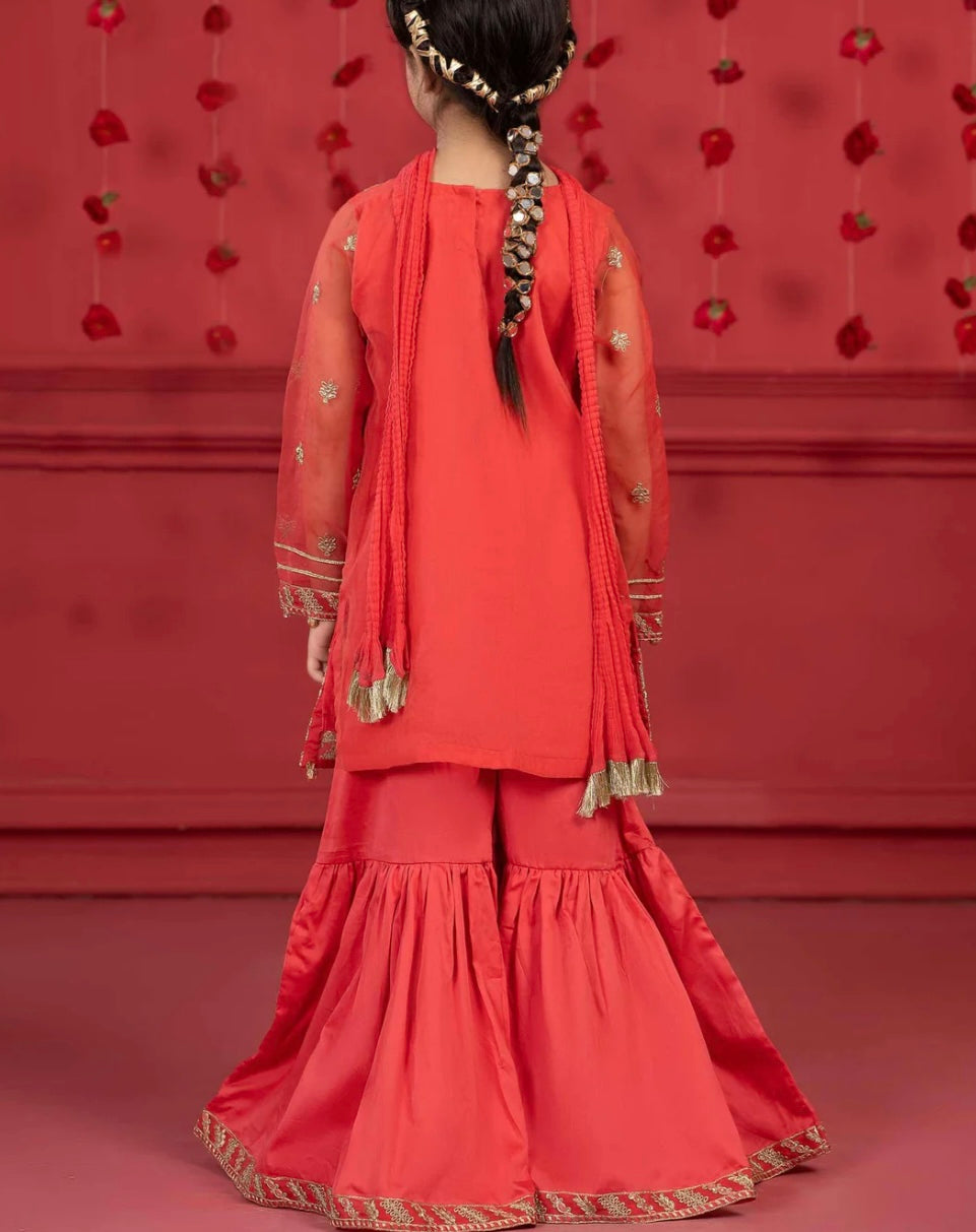 Maria B 3 Piece Embroidered Organza Gharara Suit Coral Pink (Girls), New with Tags
