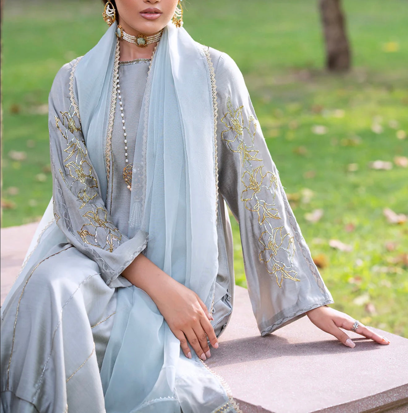 Vanya Ice Blue Gray Slate Embellished Shirt with Pants and Dupatta
