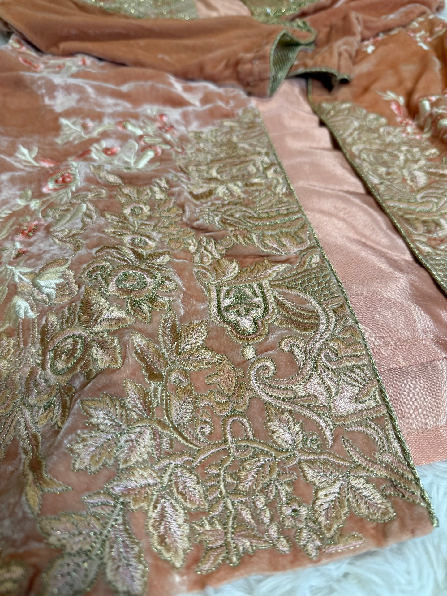 Sana Safinaz Peach Velvet Jacket with Silver, Pink, and White Floral Embroidery