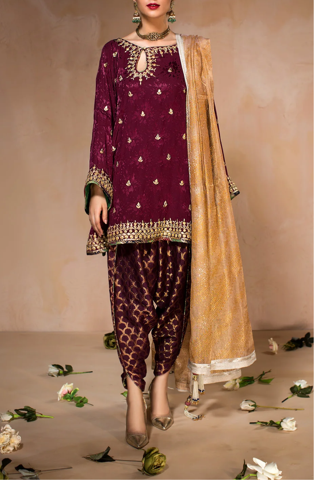 Nickie Nina Plum Formal Shirt with Tulip Shalwar