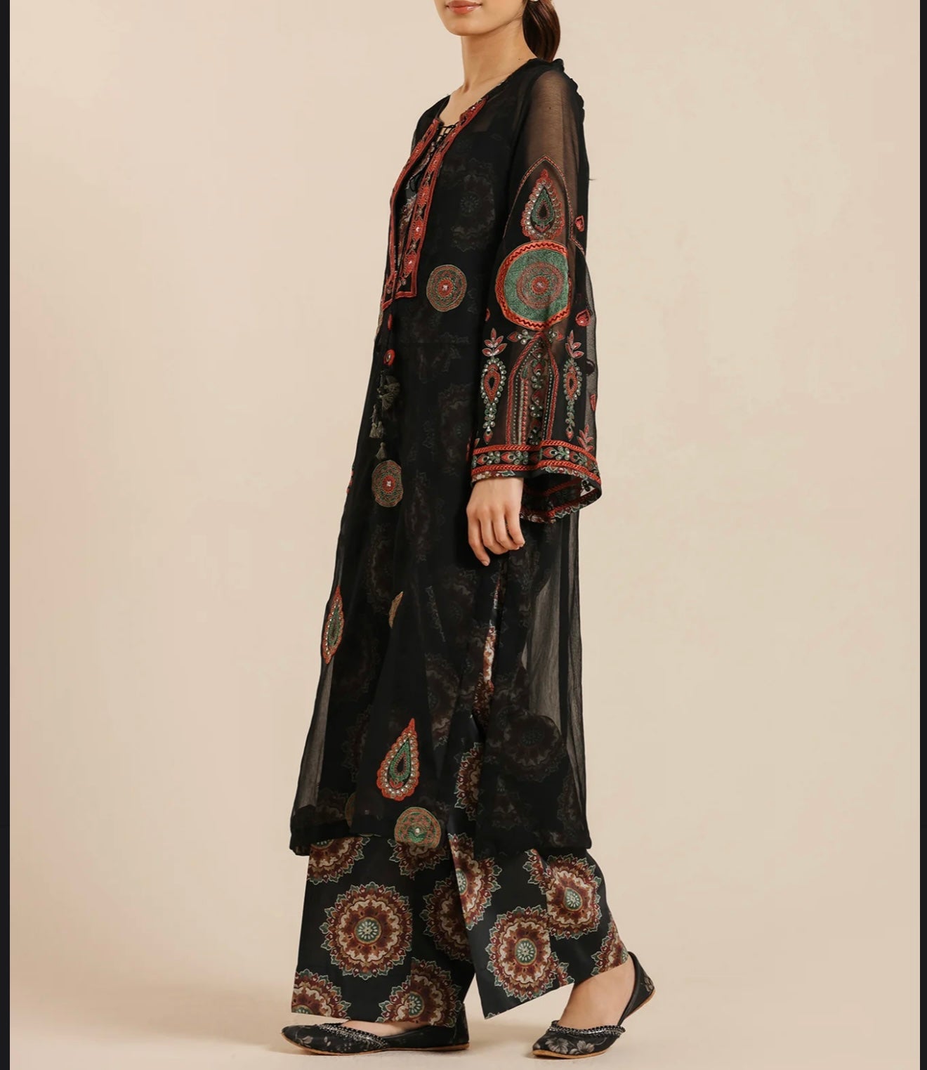 ETHNC Black Suit with Embroidery & Printed Slip and Trouser, New with Tags