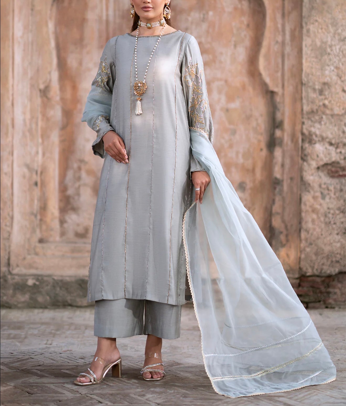 Vanya Ice Blue Gray Slate Embellished Shirt with Pants and Dupatta
