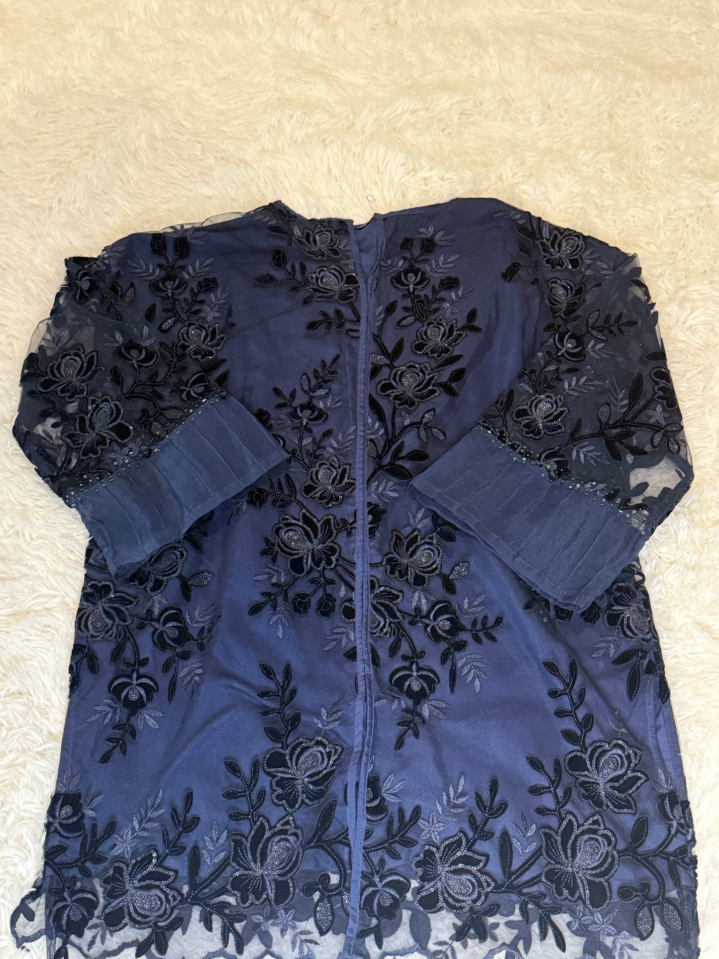 Sapphire Navy Blue Net Shirt with Black and Grey Floral Patterning with Metallic Threads and Sequins