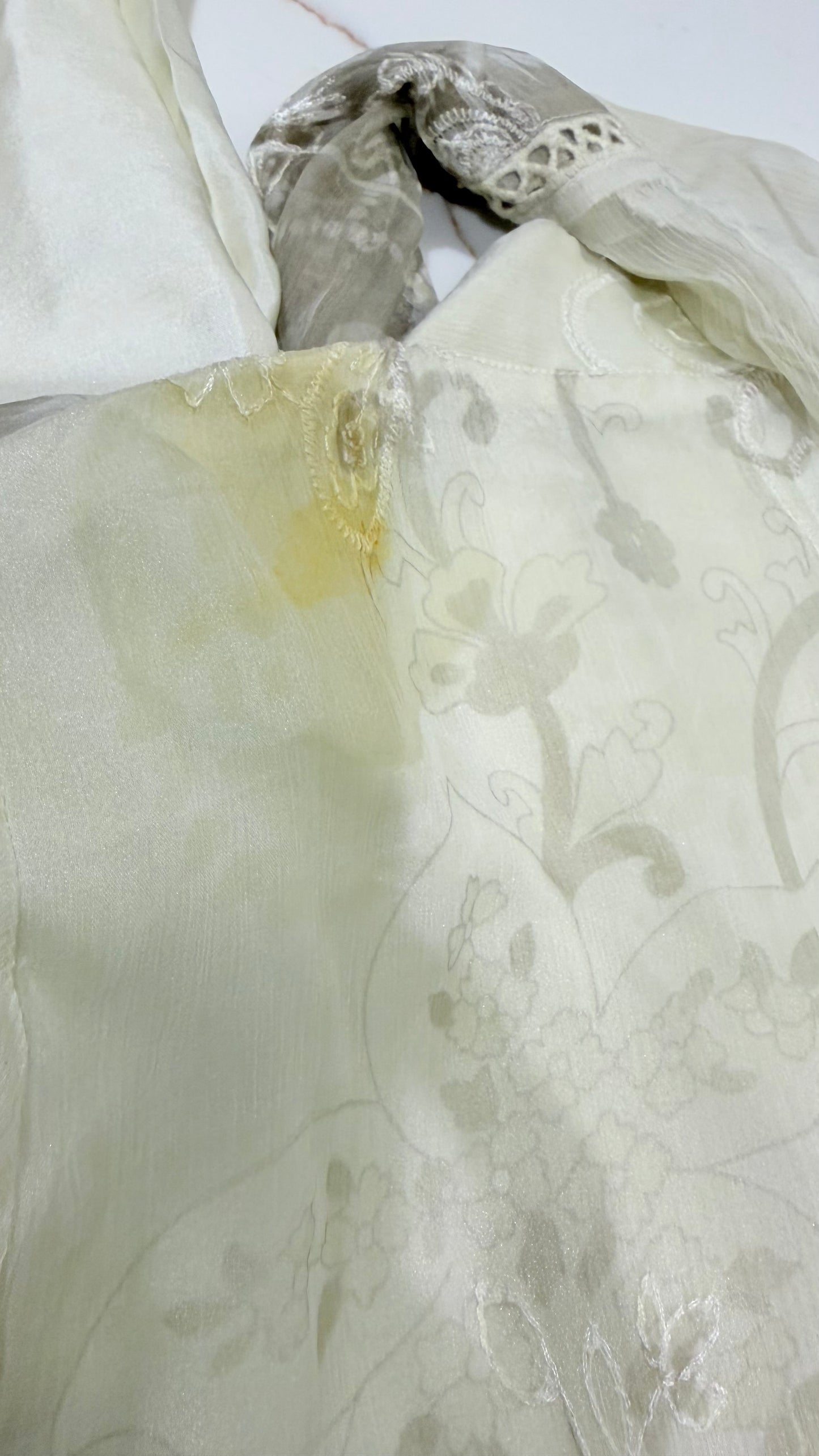 Imbias Off-White Chiffon Shirt with Embroidery and Self-Print background in light beige color
