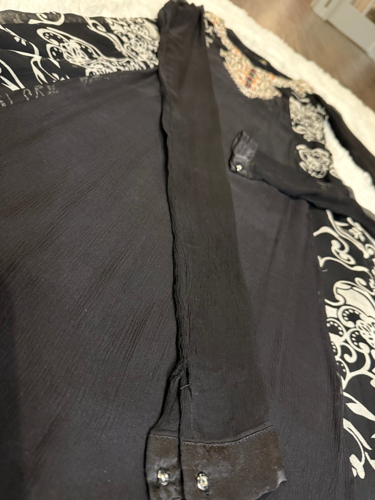 Zeenat by Hina Butt Black Chiffon Anarkali Style Suit with Pajama Pants and “Chinyere” Sleeves