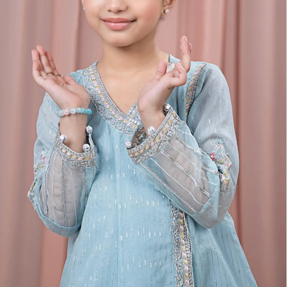 Maria B 3 Piece Embroidered Cotton Jacquard Zari Gharara Suit Blue (Girls), New with Tags