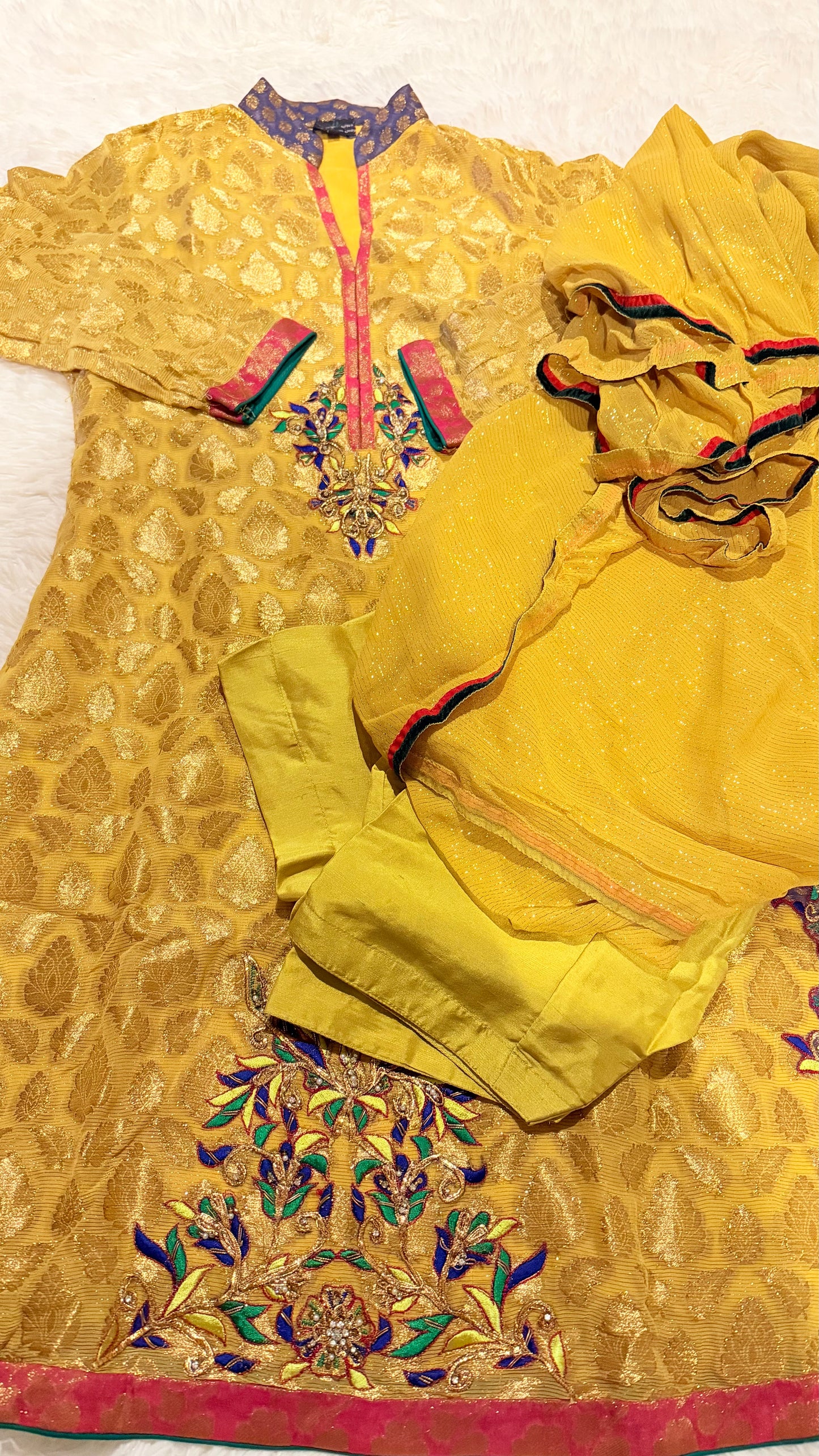 Nickie Nina Mustard/Golden Jamawar Shirt with Heavy Embroidery, Metallic Thread and Crystal Embelishments on the borders and Neckline