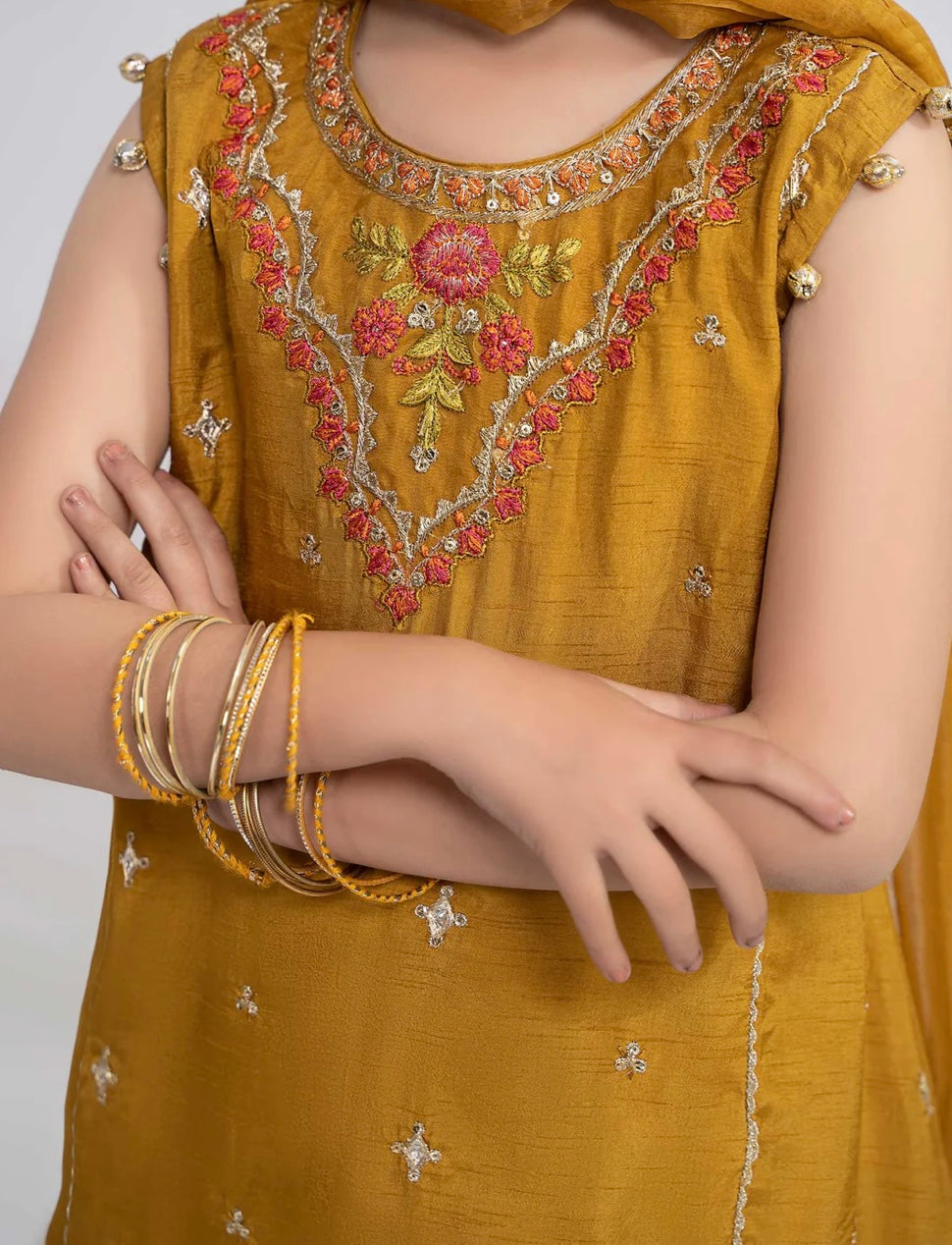 Maria B 3 Piece Embroidered Raw Silk Gharara Suit Rust Color (Girls), New with Tags