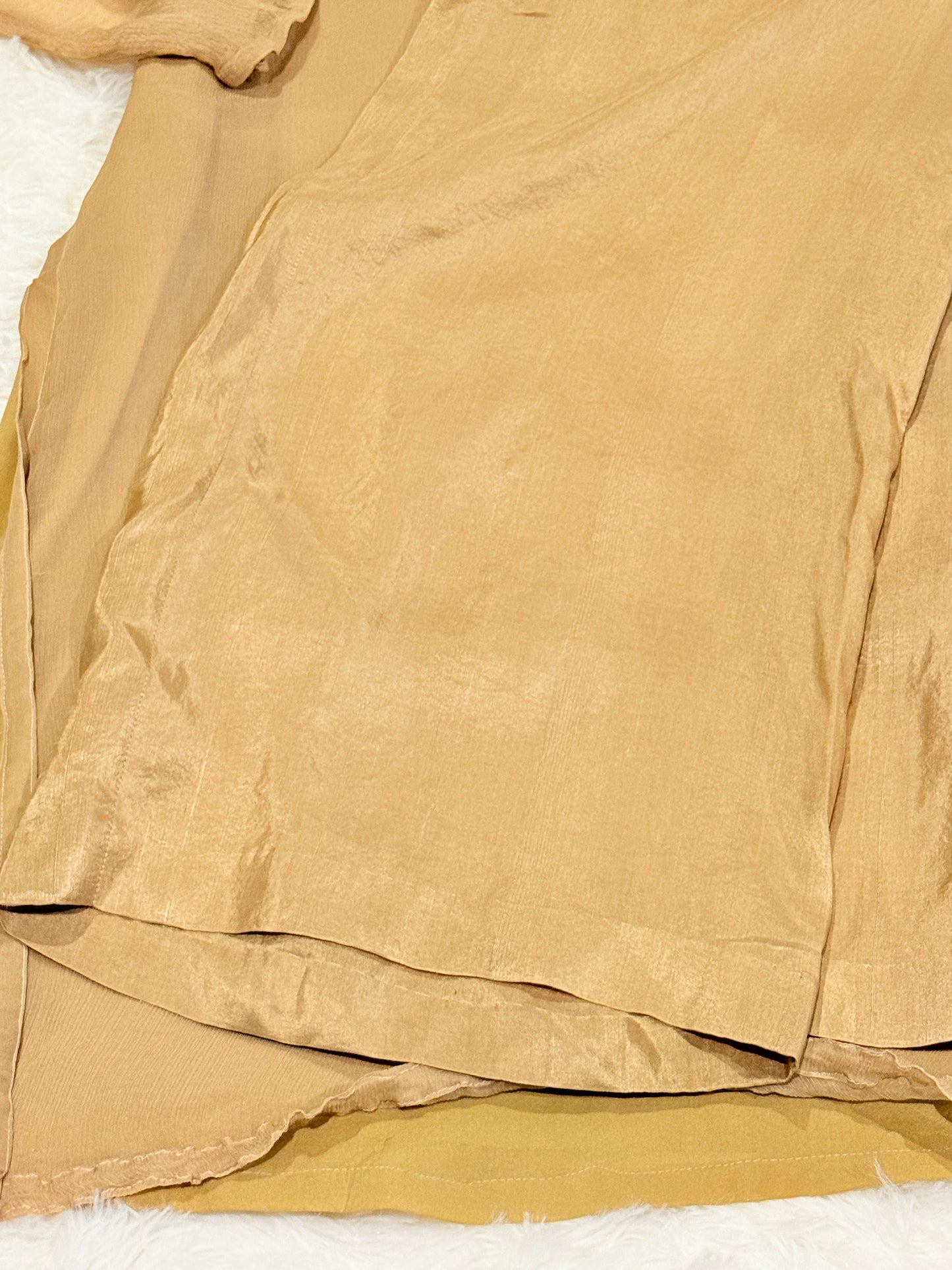 Amna Ajmal Couture Chiffon Lux Shirt in Beige color with heavy stone embellishments, comes with matching wide leg trouser in silk