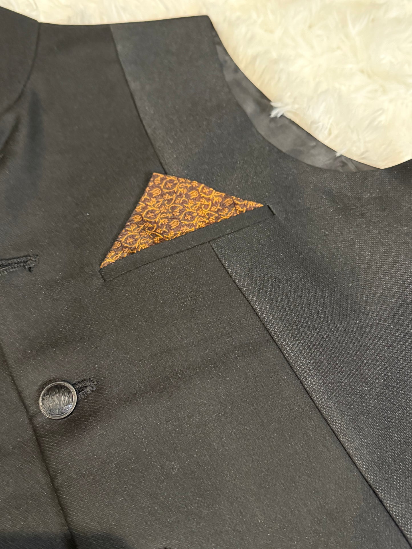 .Junaid Jamshed Black Waistcoat with Purple & Gold Pocket Square