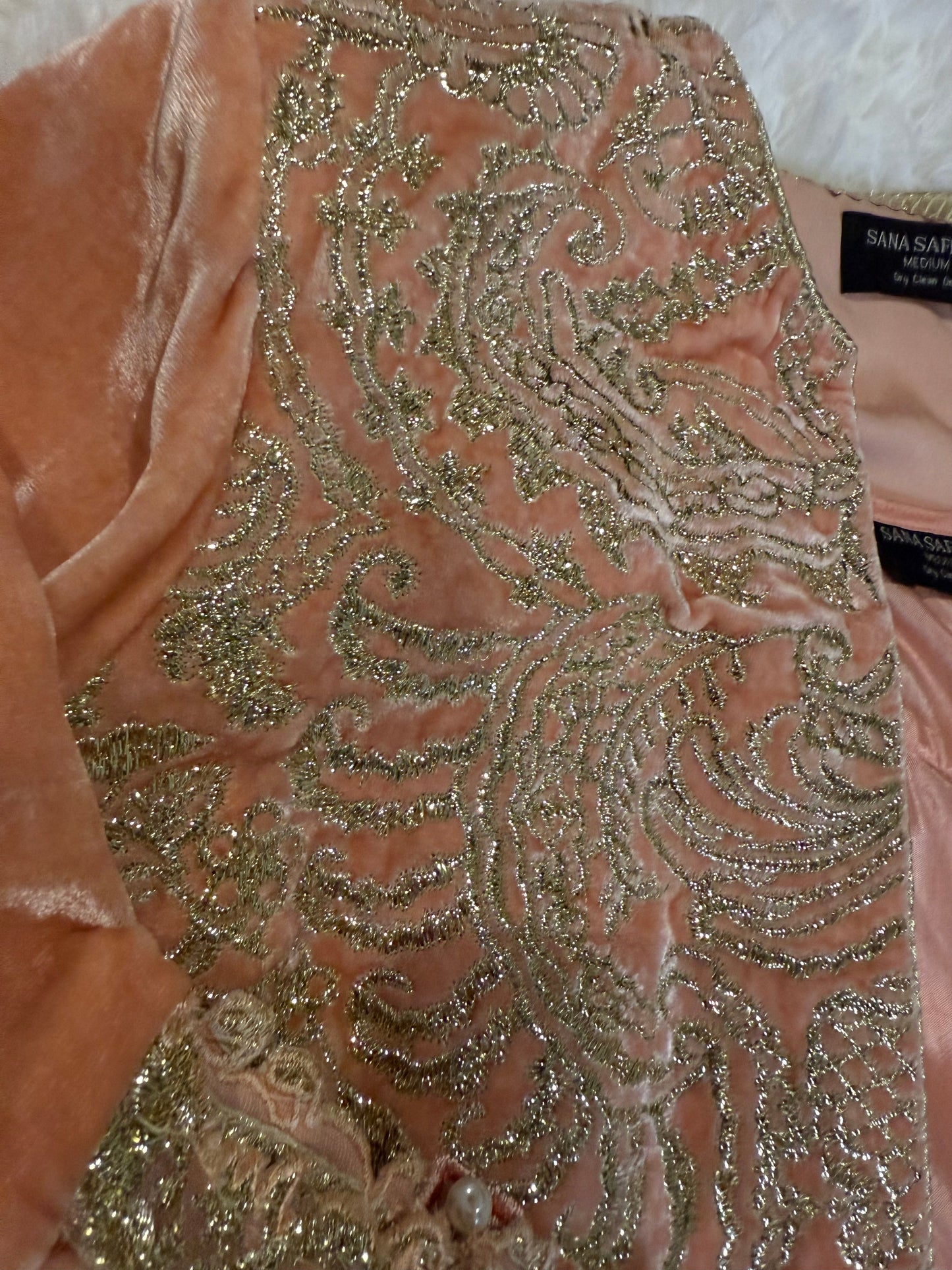 Sana Safinaz Peach Velvet Jacket with Silver, Pink, and White Floral Embroidery