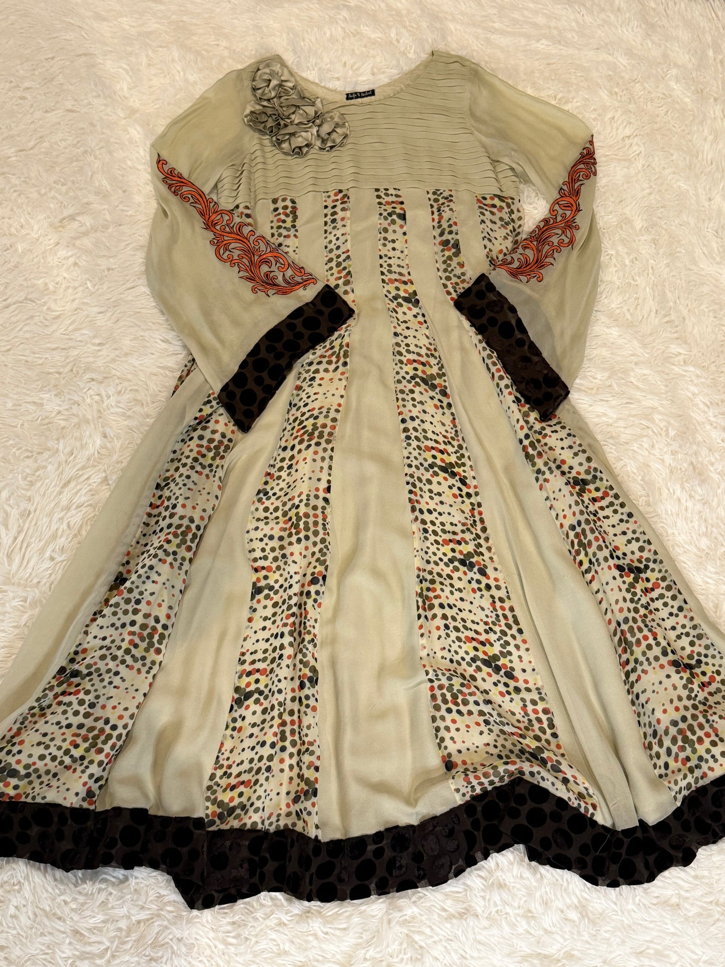 Asifa & Nabeel Cream Chiffon Anarkali Style Suit with Polka Dots